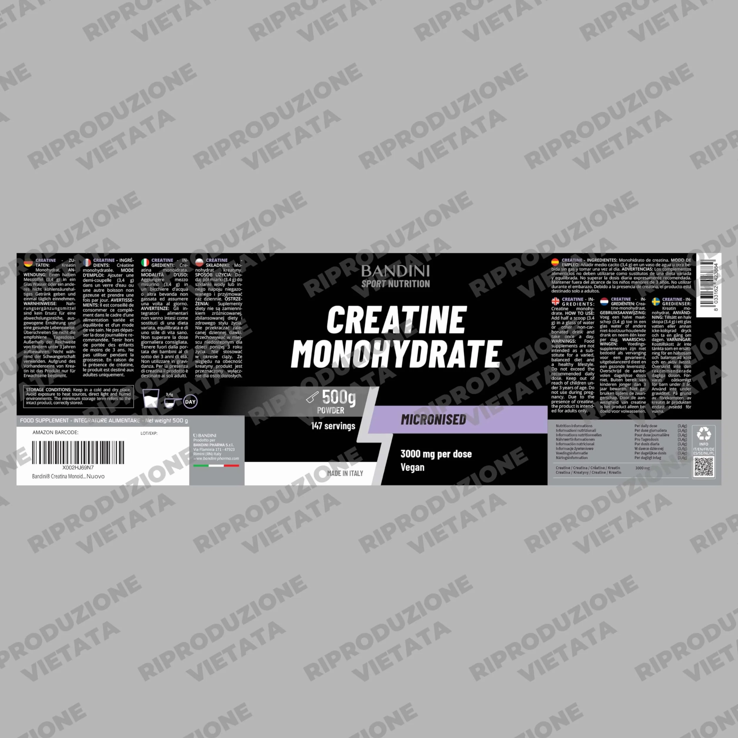 Bandini Creatina Monoidrata in Polvere 500g Pura - Integratore per Allenamento e Pre Workout - Vegan