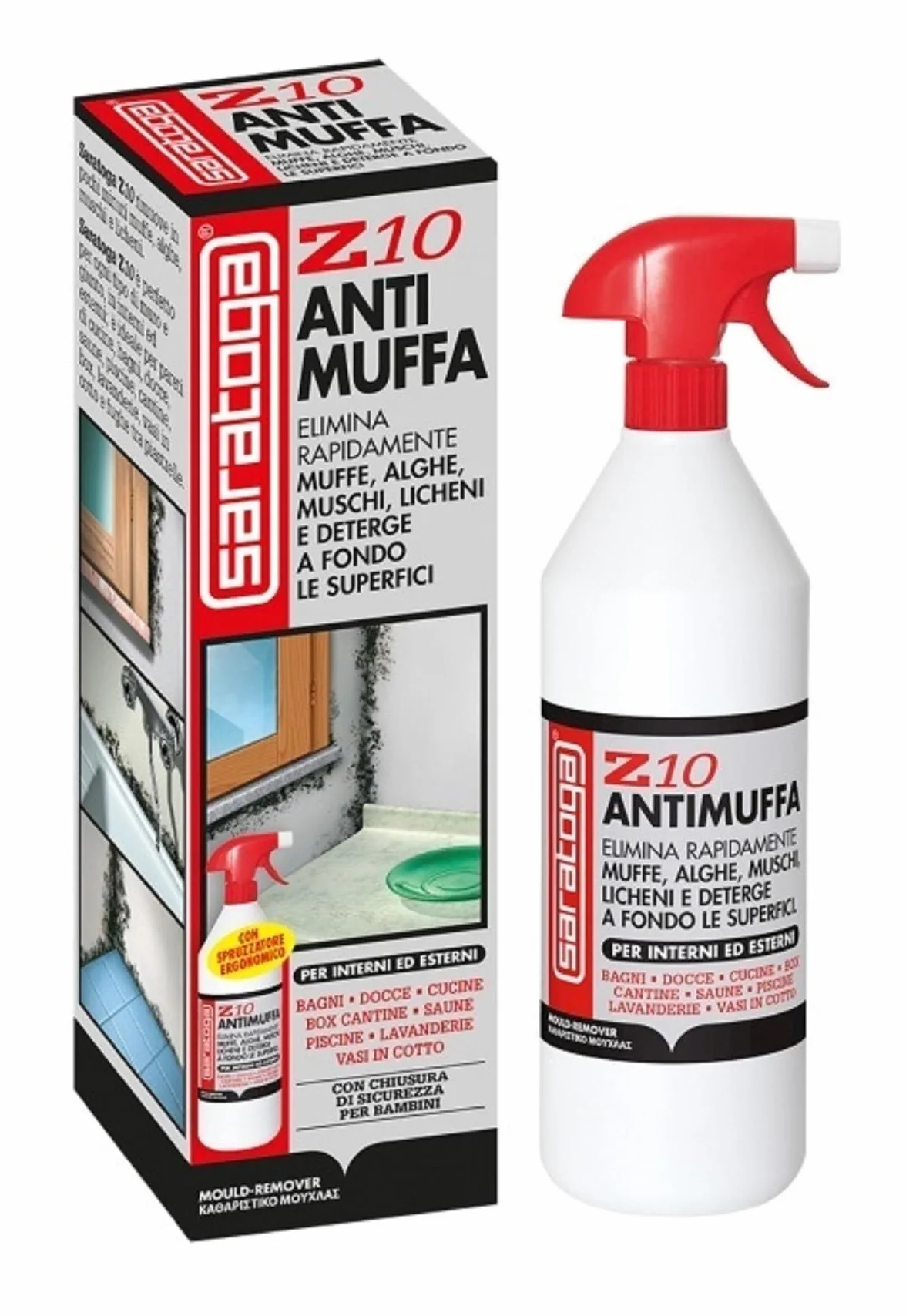 Saratoga Spray Antimuffa Z10 1L, Elimina Muffe Alghe Muschi Licheni, Uso Interno ed Esterno