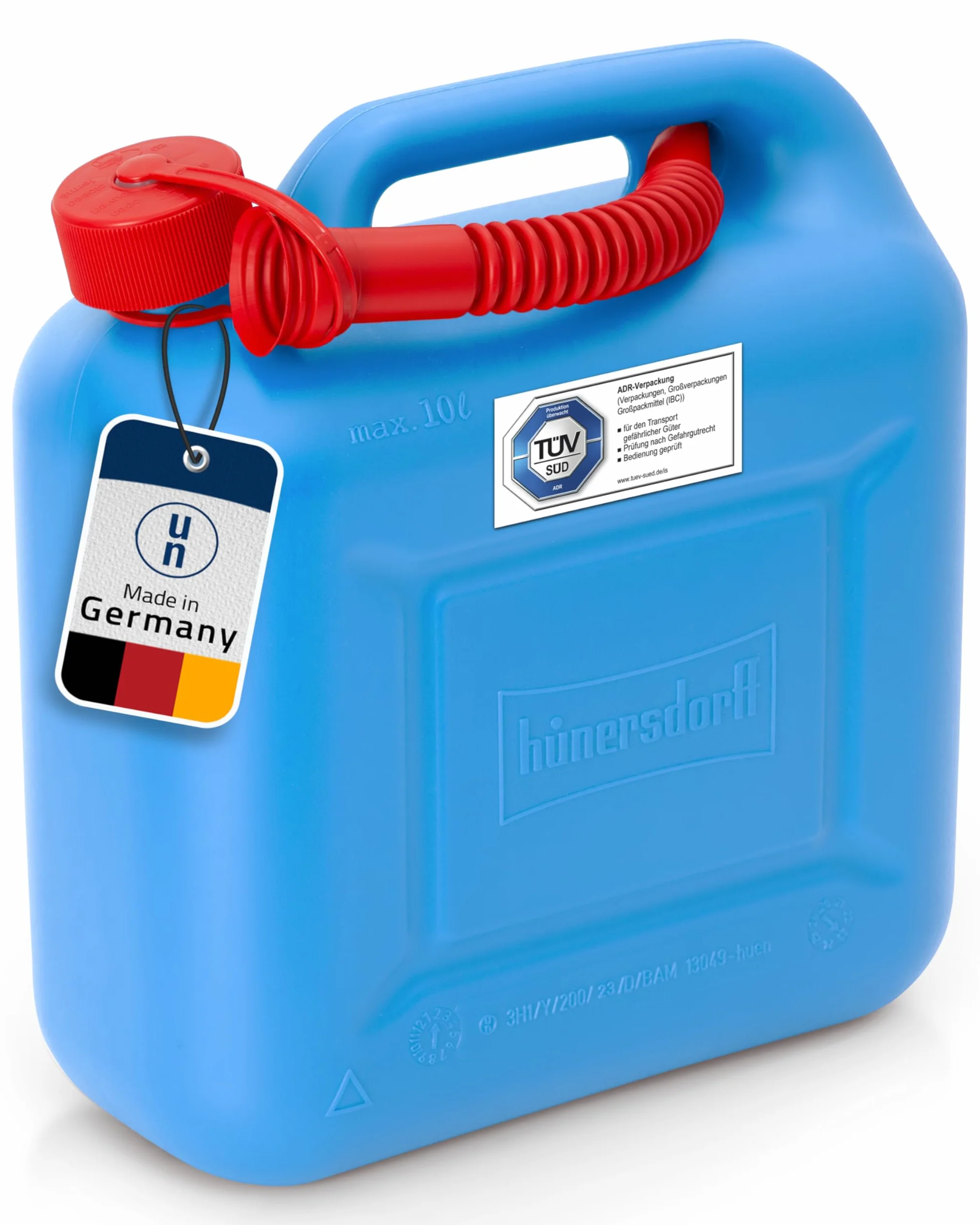 Hünersdorff Tanica Carburante Standard da 10 Litri, HDPE Colore Blu, con omologazione Un, Accessori Rossi