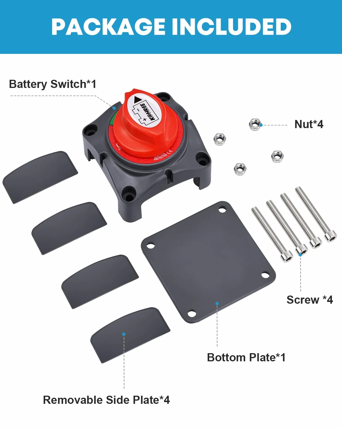 Kohree Interruttore Stacca Batteria 12V-48V 275A Interruttore di disconnessione Impermeabile per Auto Camper ATV UTV Marina Barca con 4 Bulloni di Montaggio (1-ON-OFF)