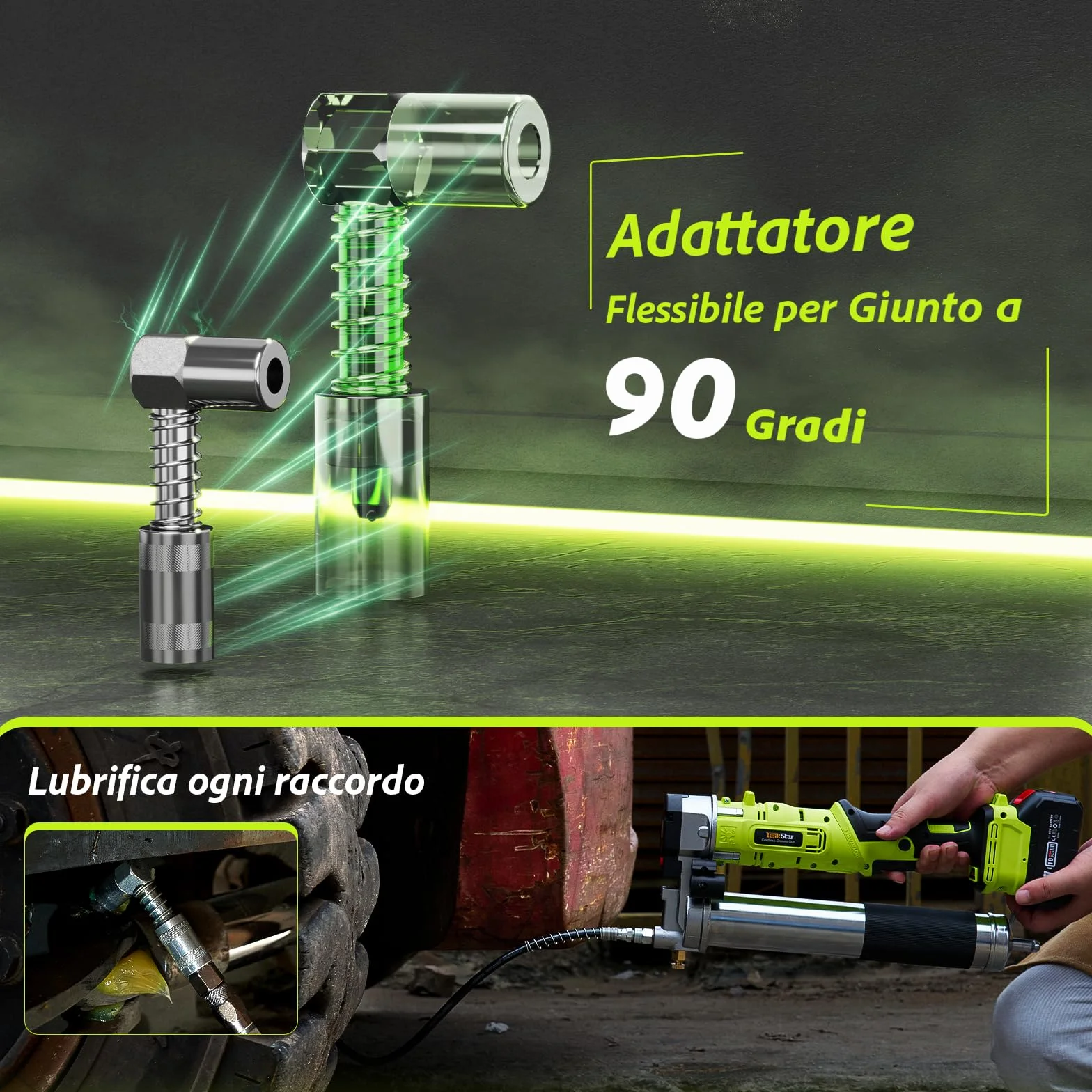 TaskStar Ingrassatore 2-in-1 con 2 Batterie da 4000 mAh, [Molto più Facile da Usare] Ingrassatore a Batteria con Adattatore per Ingrassatore a 90 Gradi, Pistola per Grasso con Luce LED Luminosa