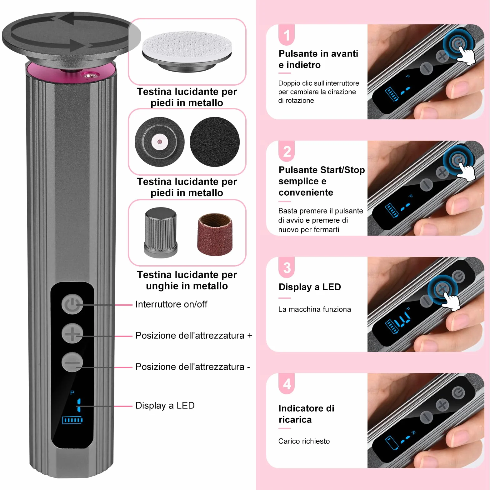 Pedicure Elettrico Professionale Piedi con Display LCD, Lima Elettrica per Piedi, Velocità Regolabile, Set Rimozione Calli Ricaricabile (Grigio)