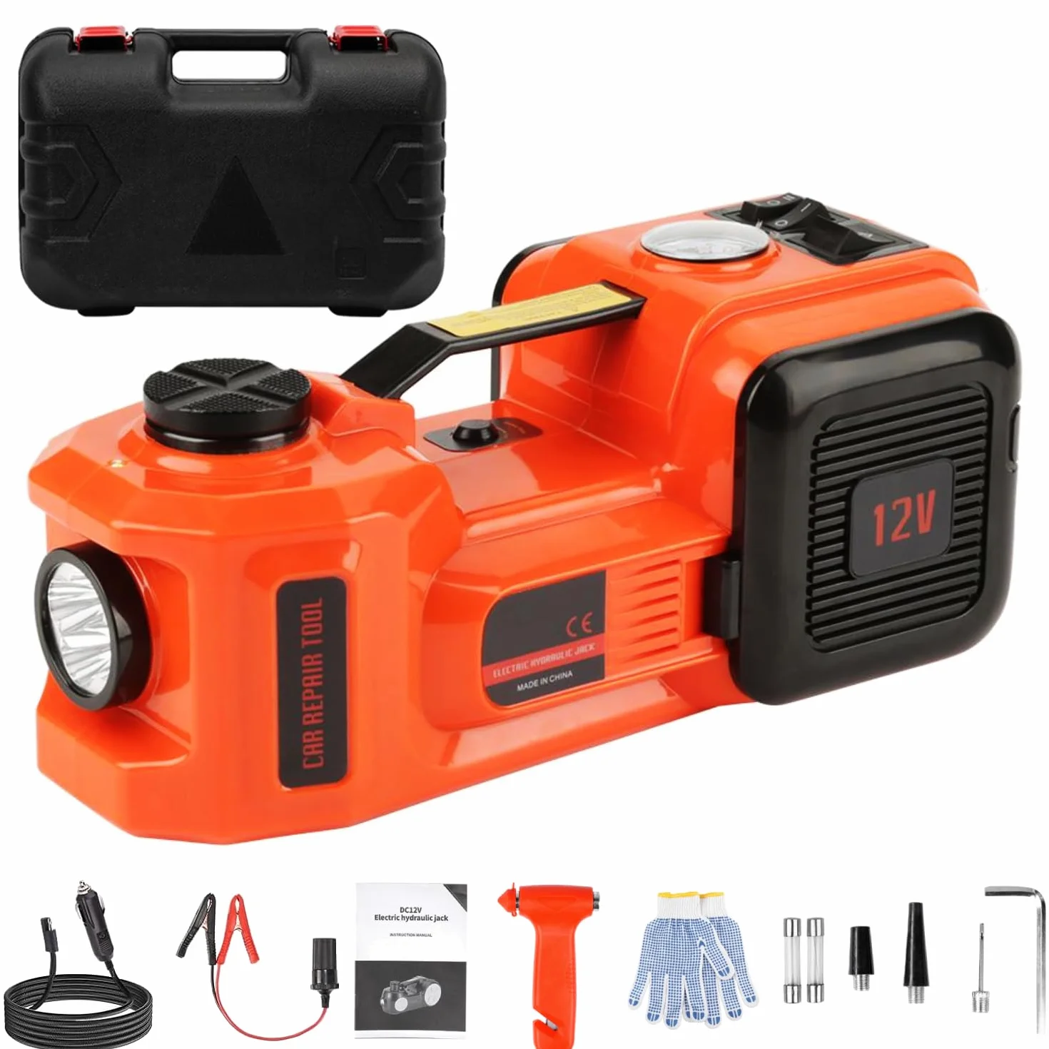 VOBOR Cric Elettrico 5T, 12V Sollevatore Auto Martinetto Idraulico con Pompa di Gonfiaggio e Fari A LED, 135-360 mm Car Electric Jack per Auto e SUV