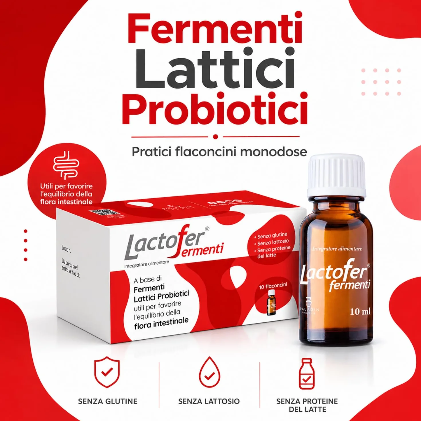 Paladin Pharma Lactofer Integratore Ferment Lattici Probiotici Senza Zucchero 10 Flaconcini 10 Ml Rosso