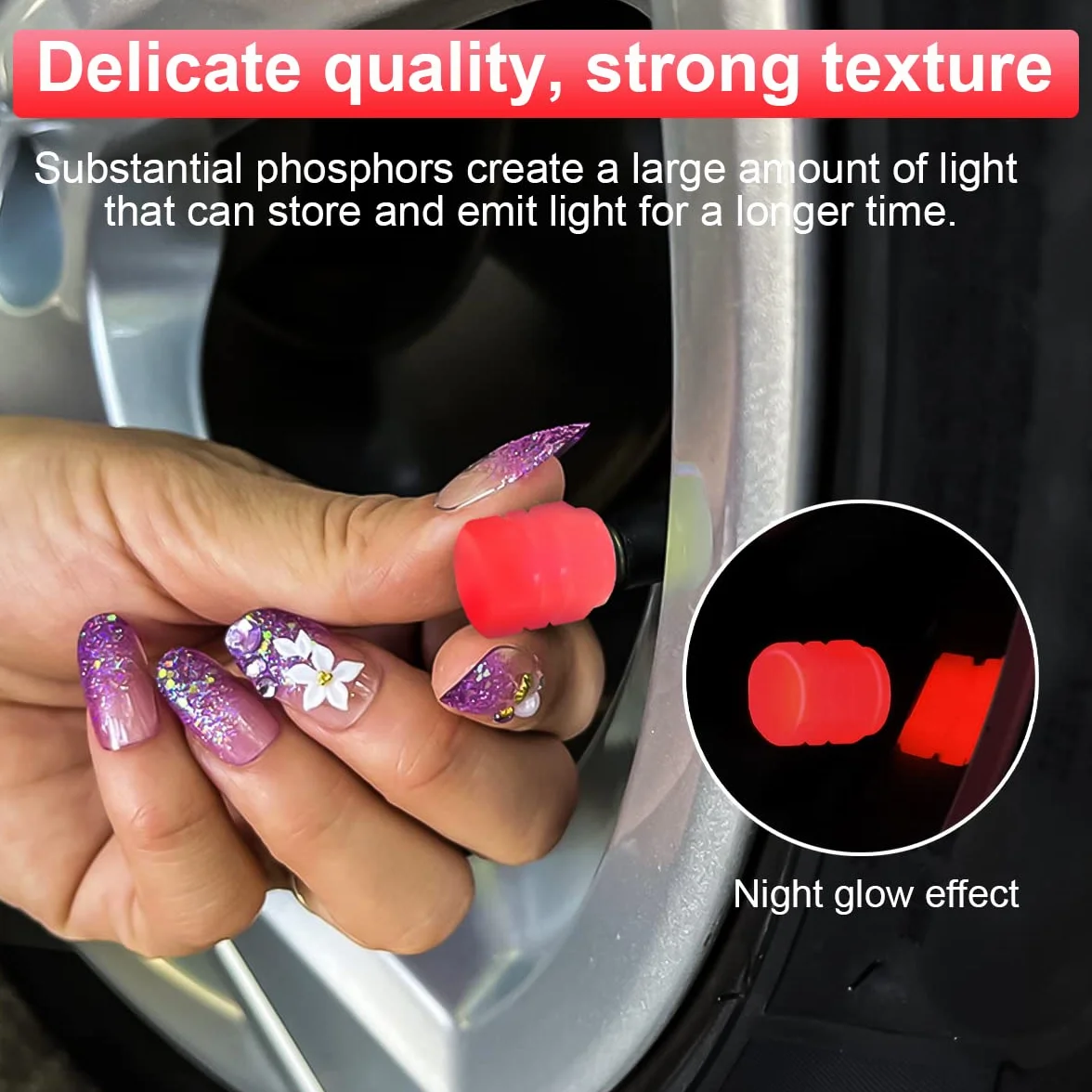Tappi Valvola Fluorescente per Pneumatici Auto 12 Pezzi, Accessorio Universale Luminoso per Auto Camion SUV Moto Biciclette (Rosso)