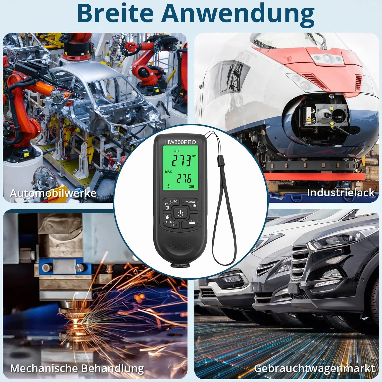 Spessimetro Vernice Auto 0-2000um, Misuratore Spessore Coating per Metalli FE/NFE, 3 Unità μm/mm/mil, Display Retroilluminato, 50 Dati, Alta Precisione per Auto Industria Officina