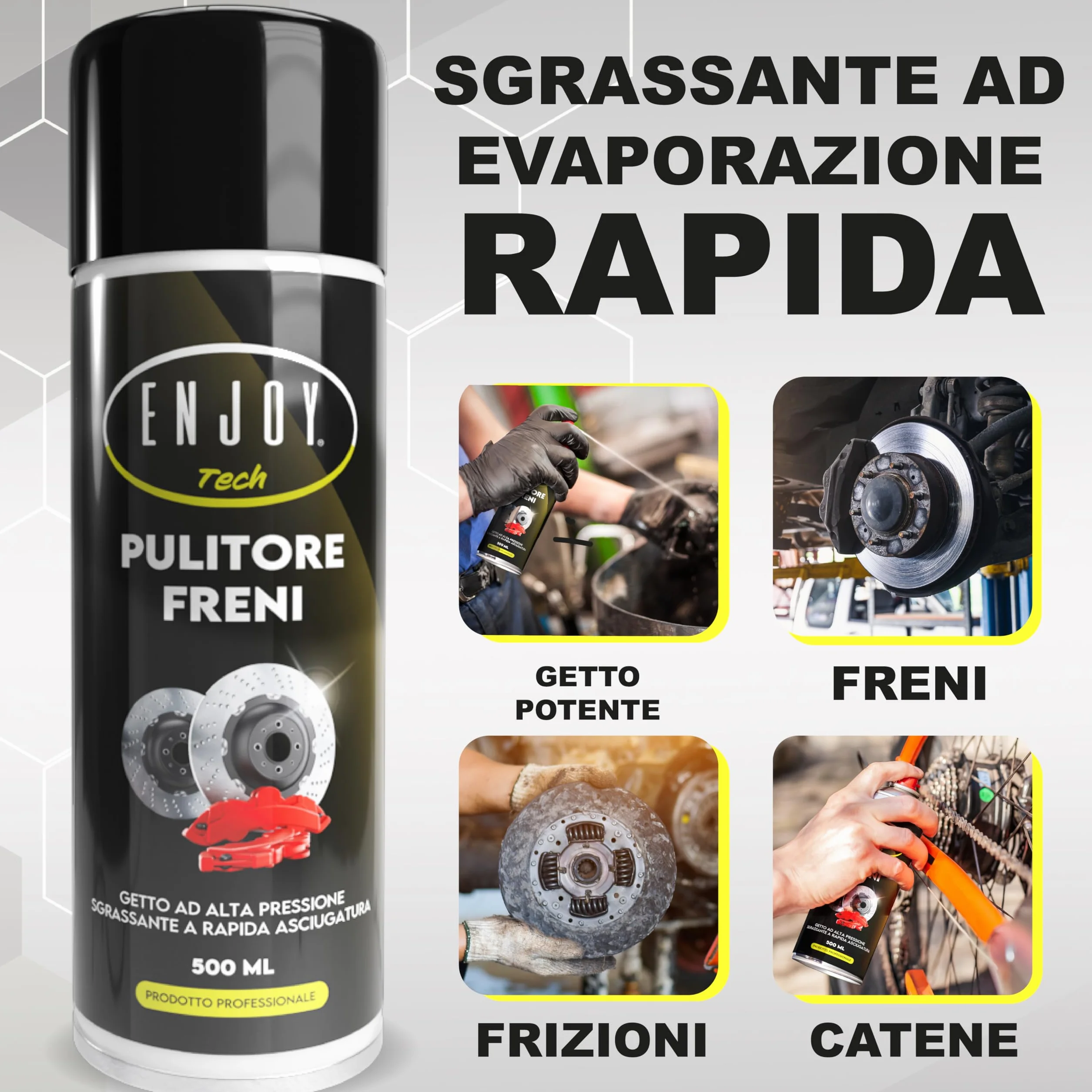 Pulitore Freni Spray 500ml Professionale – Sgrassante Rapido per Auto, Moto e Bici – Rimuove Grasso, Olio e Ferodo Senza Residui – Sicuro su Plastiche e Gomma con Valvola 360°