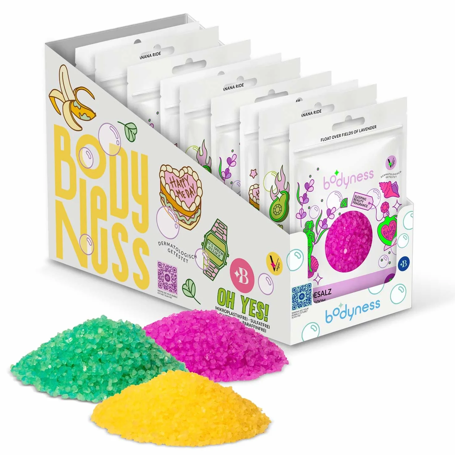 BODYNESS Sali da Bagno 9 Sacchetti 160g 3 Colori Fragranze Additivo Lenitivo