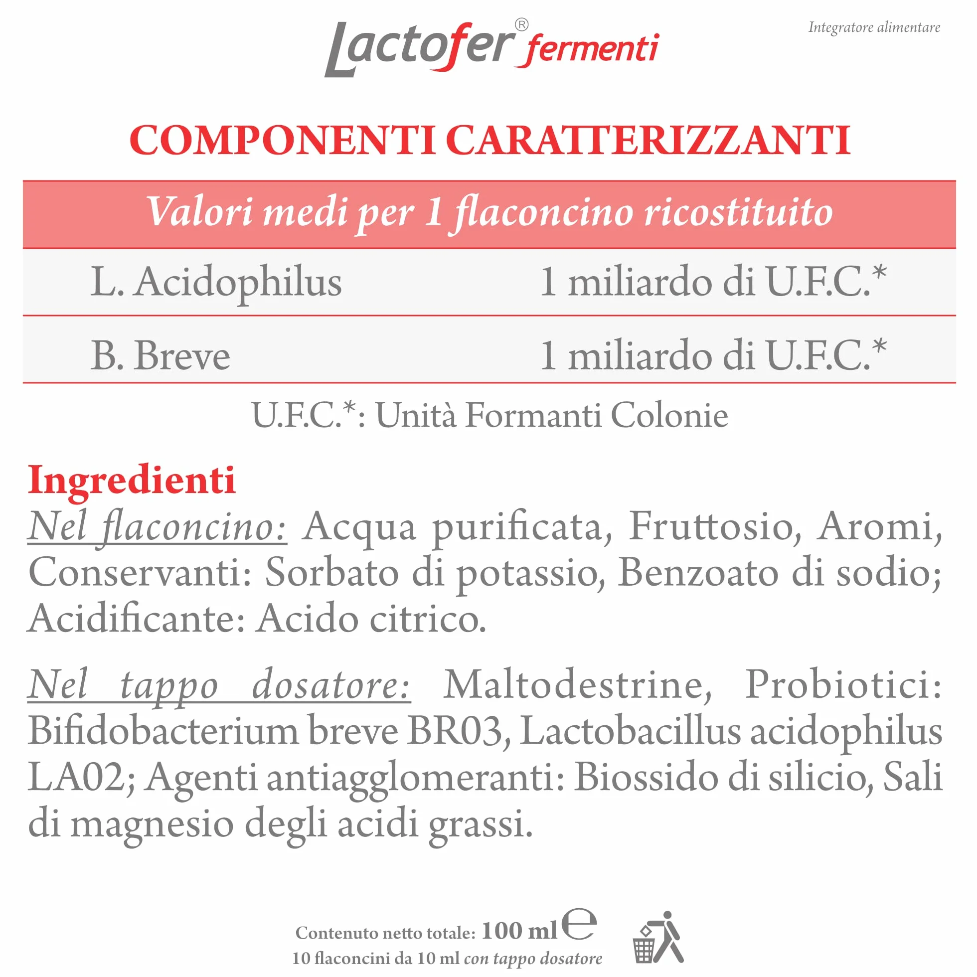 Paladin Pharma Lactofer Integratore Ferment Lattici Probiotici Senza Zucchero 10 Flaconcini 10 Ml Rosso