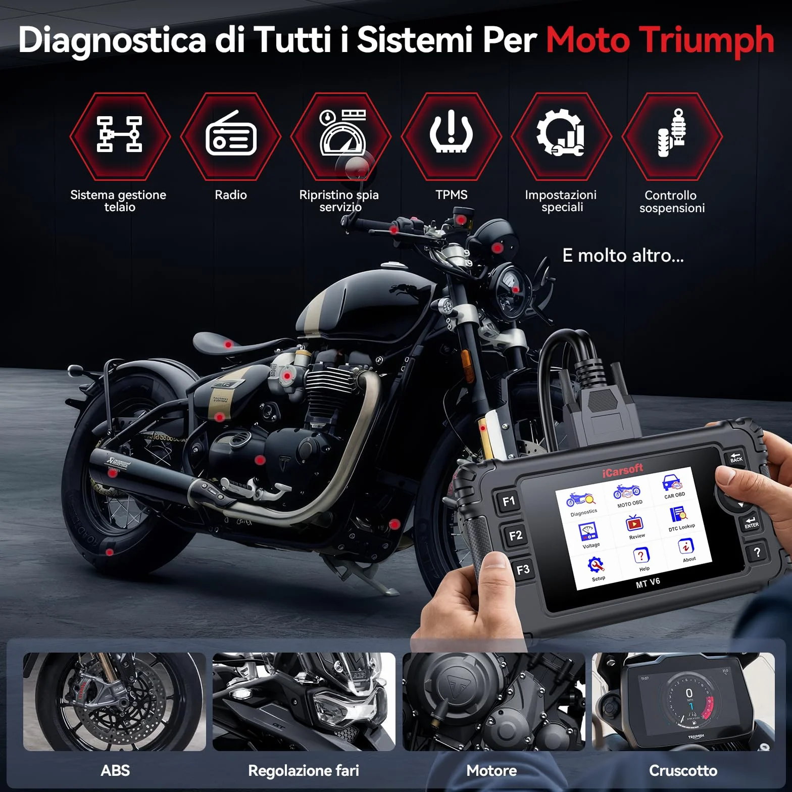 iCarsoft MT V6 Scanner diagnostico moto Triumph OBD2 58 servizi manutenzione 55 test bidirezionali