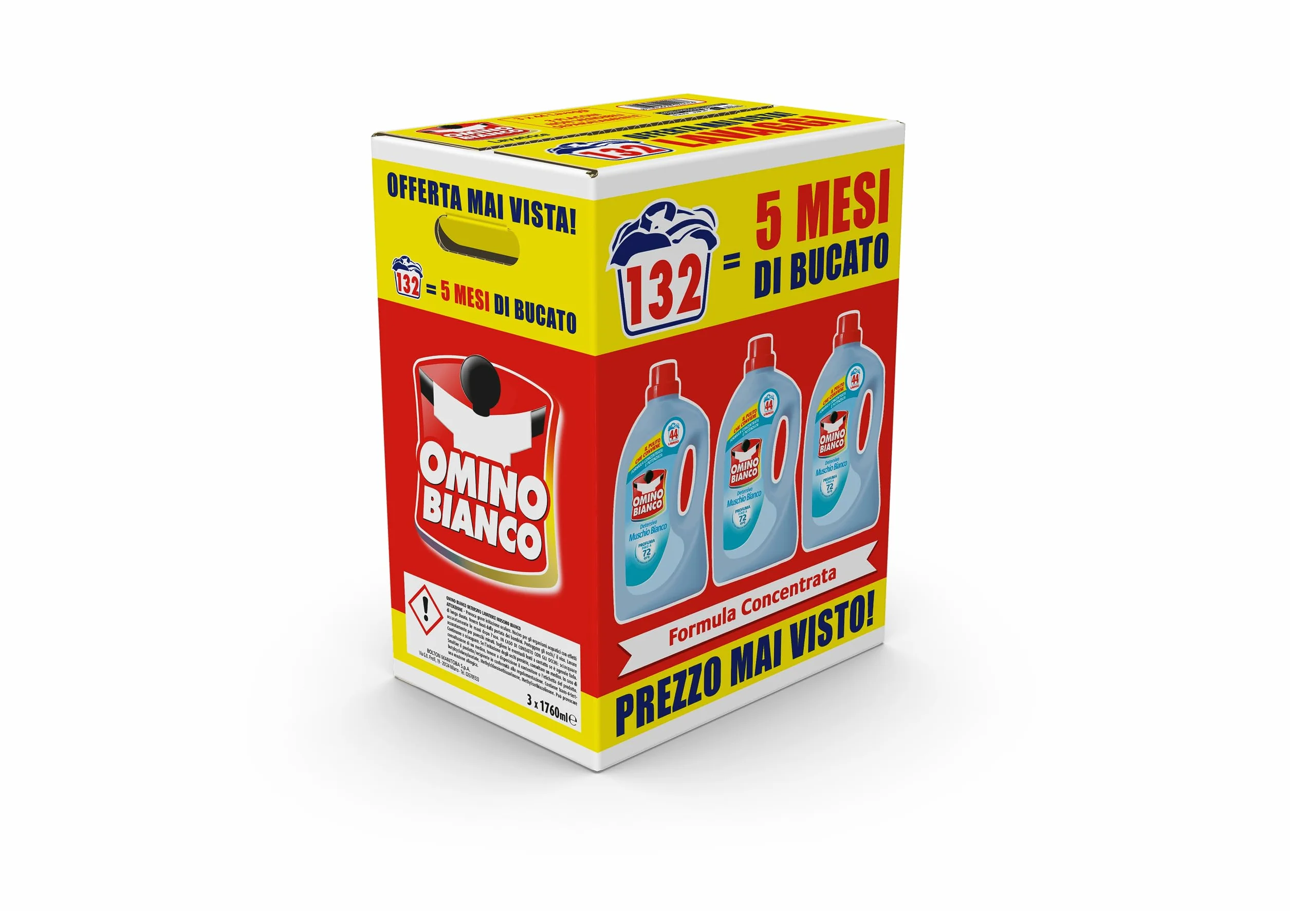 Omino Bianco Detersivo Lavatrice Liquido 132 Lavaggi 1760 ml x 3 Confezioni Fresco Profumo Muschio Bianco