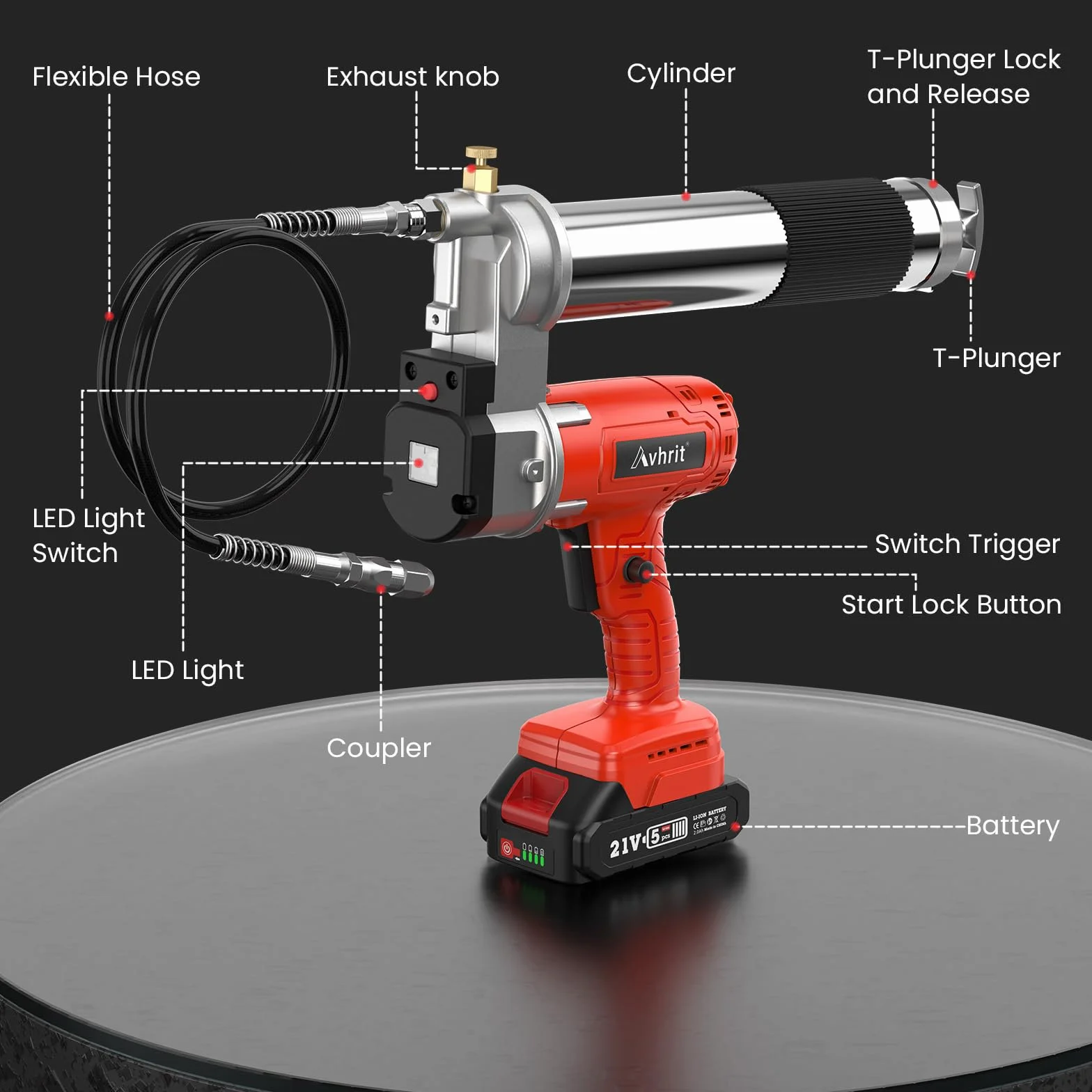Ingrassatore a Batteria Kit con 2 Batterie Ricaricabili, Senza Mani, 10.000 PSI, 5 oz/min, Automatico Elettrico, Tubo Lungo 39,4", 3 Accoppiatori Diversi per Attrezzature Pesanti