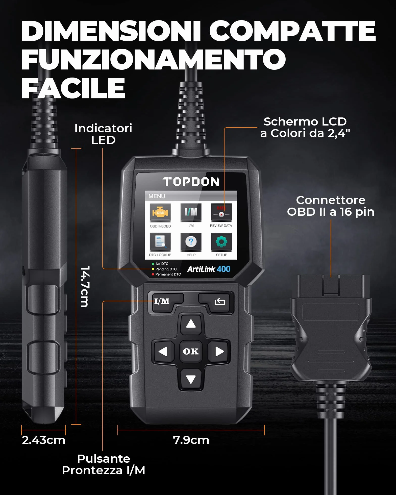 TOPDON AL400 OBD2 Diagnostico per Auto, 10 Modalità, Schermo 2.4 Pollici TFT