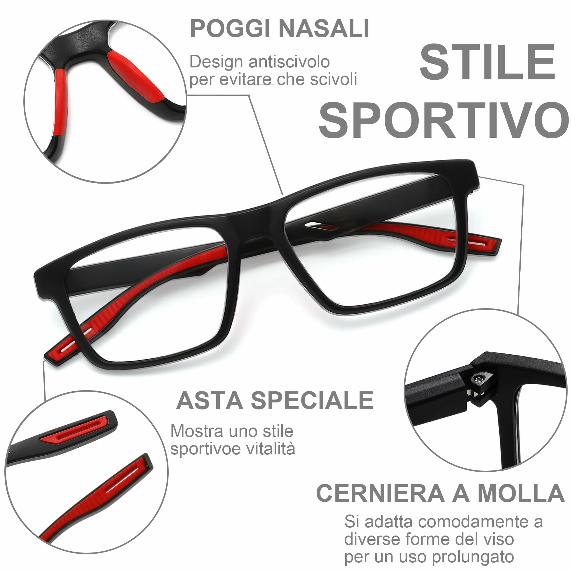 Occhiali da Lettura Uomo Sportivo 3 Pezzi, Lenti Anti Luce Blu, Cerniere a Molla, Silicone Morbido
