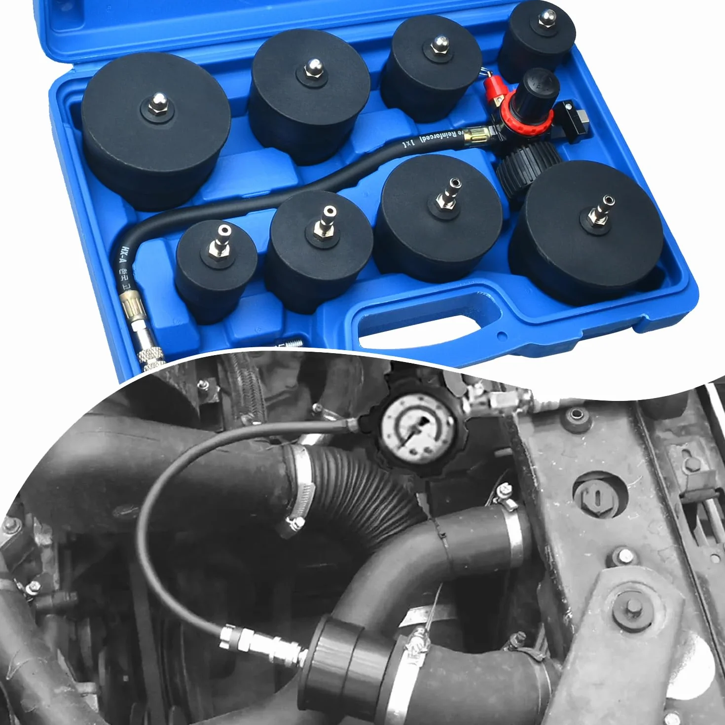 Turbocompressore Boost Tester strumenti, facile da usare 4 paia di adattatori Turbo System Leakage Tester strumenti per Cool System per tubi da 1,38-1,37 cm