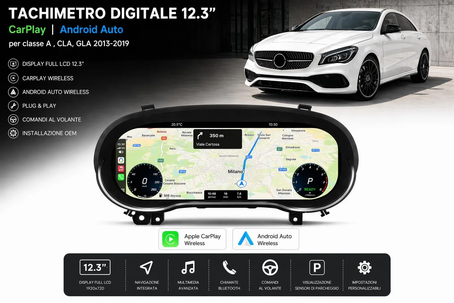VIBEX Quadro Strumenti Tachimetro Digitale 12.3" per Mercedes Classe A W176 CLA C117 GLA X156 2013-2019 Apple CarPlay Android Auto Wireless Navigazione Plug & Play Installazione OEM