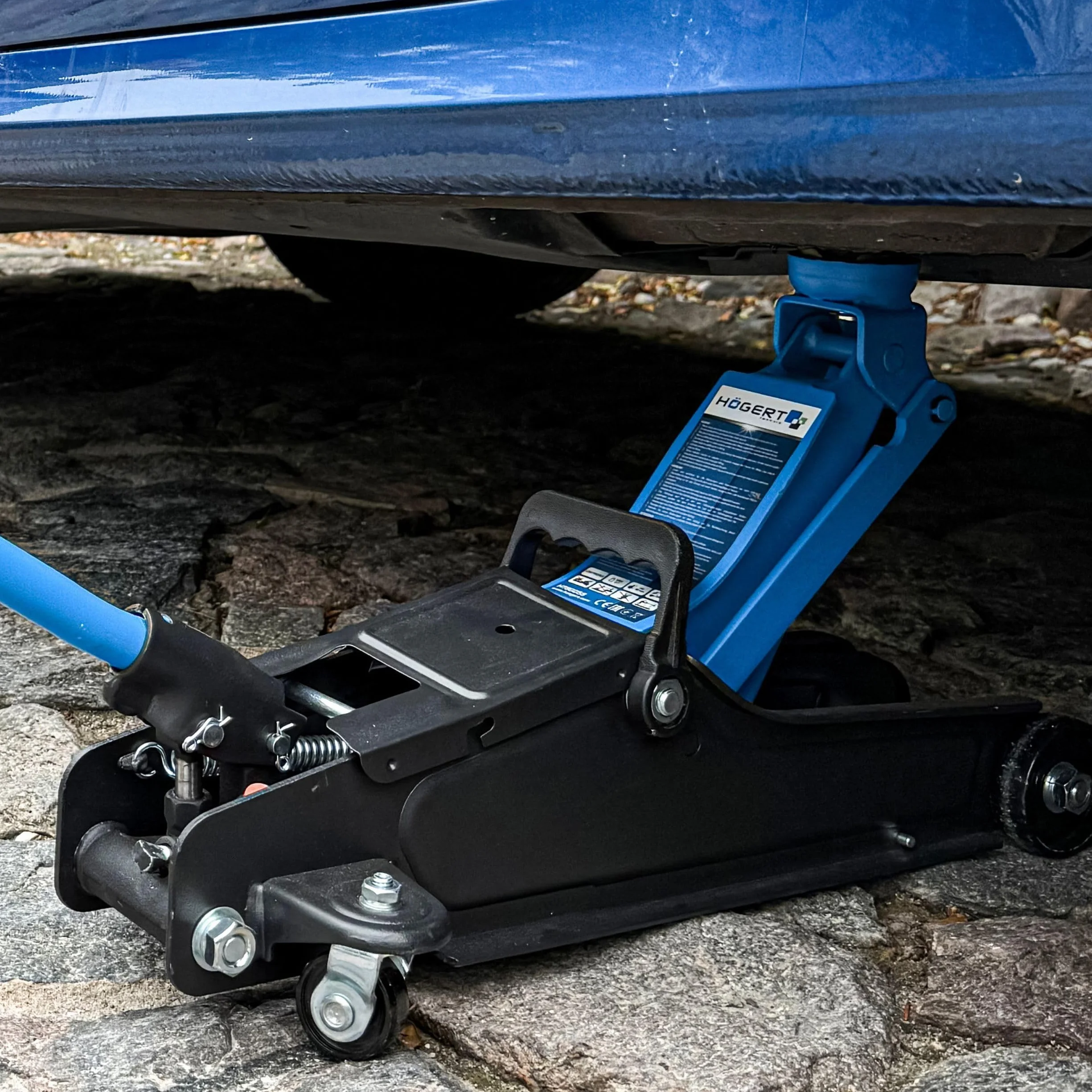 HÖGERT TECHNIK Cric idraulico piatto 2T, altezza 90-340 mm, acciaio, ruote, valvola sicurezza, sollevatore auto