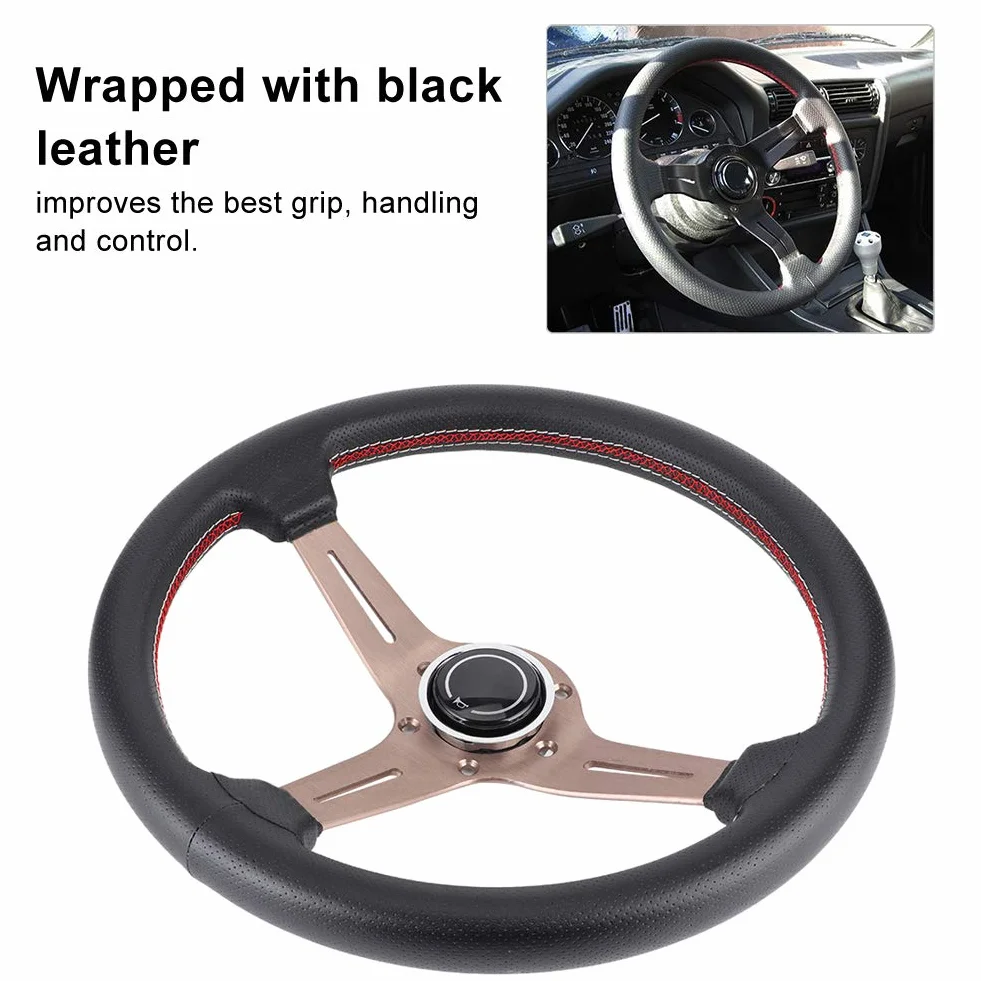 Volante Volante Nardi, Volante 250 Mm 14 Pollici per Mezzo Piatto a 6 Bulloni Stile Nardi Volante Corsa in Pelle Traforata Nera con Parti Modificate in Clacson