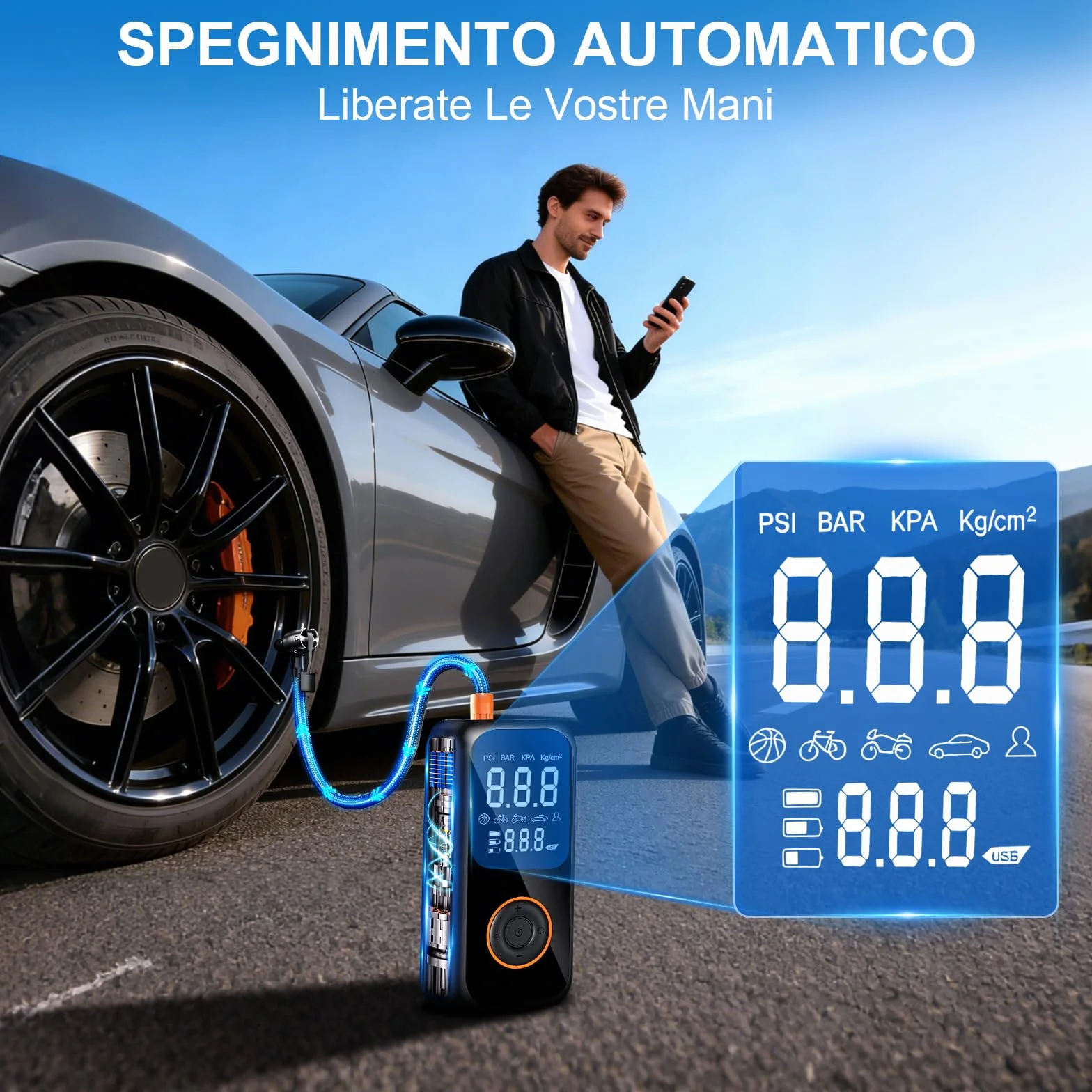 Compressore Aria Portatile Auto 8000mAh 150PSI Pompa Bici Elettrica con Schermo LCD e Torcia LED