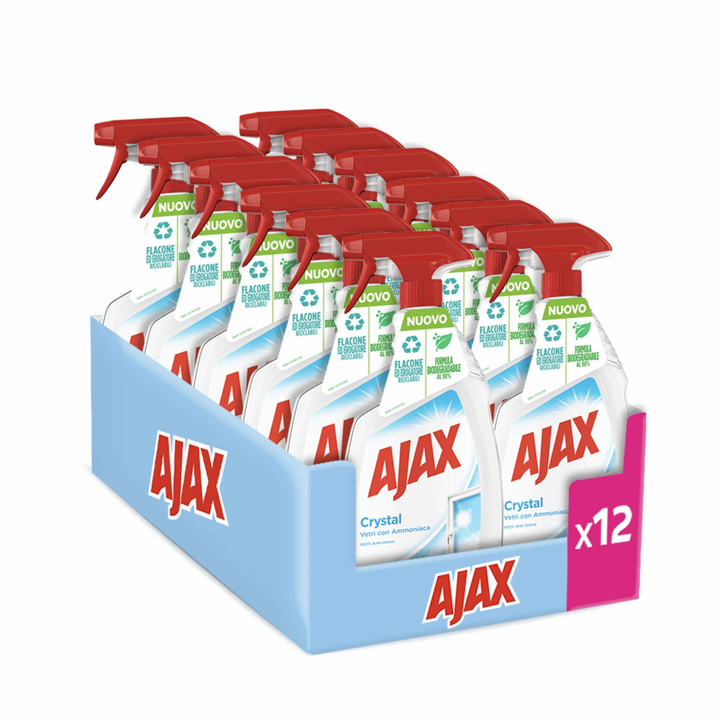 Ajax Detersivo Spray Crystal Clean Vetri 12 x 750 ml Detergente Vetro Con Ammoniaca Anti-Alone