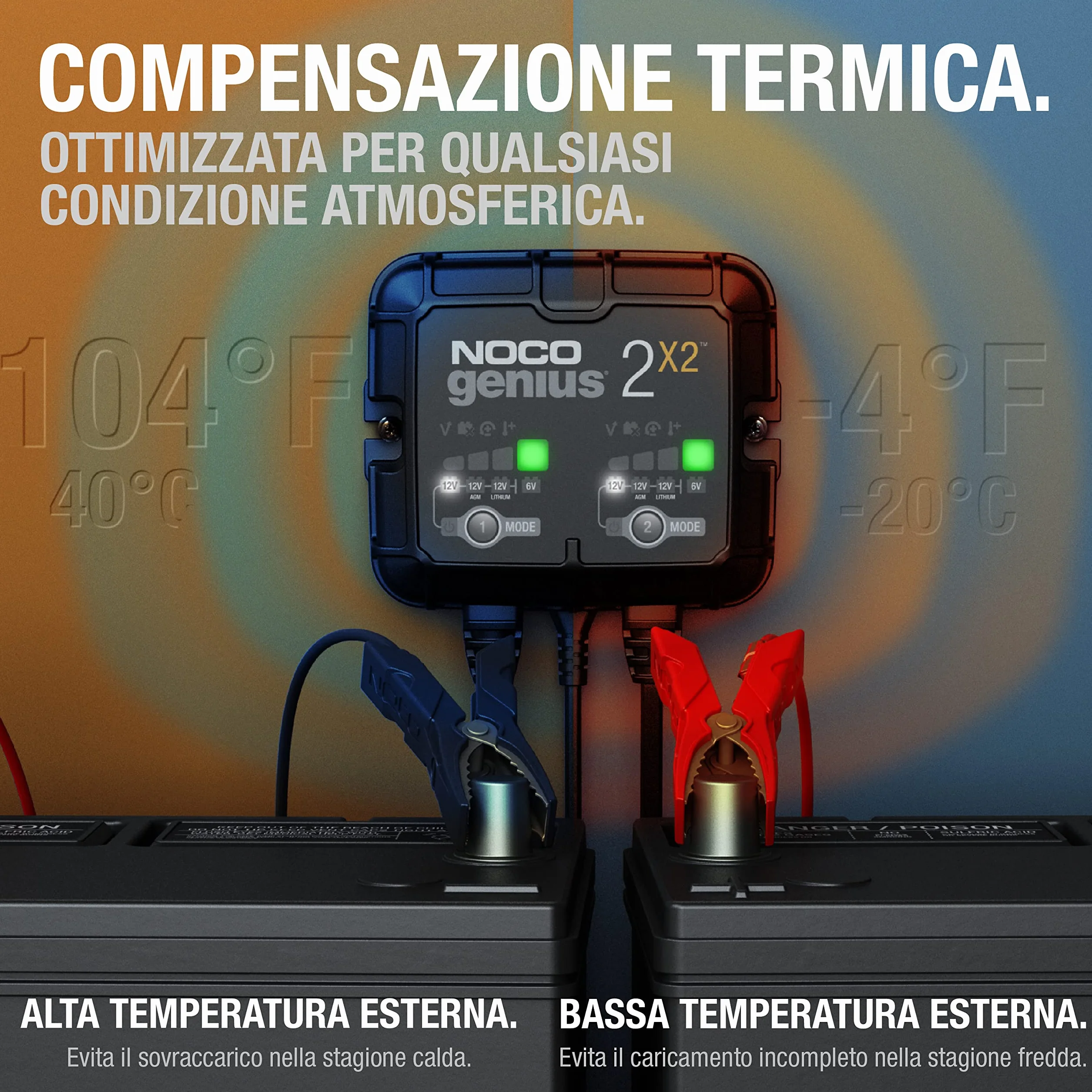 NOCO GENIUS2X2: Caricabatterie Intelligente 4A 2 Canali (2A/Canale) 6V/12V – Mantenitore di Carica e Desolfatatore con Protezione da Sovraccarico e Compensazione Termica – Per Batterie Piombo e Litio