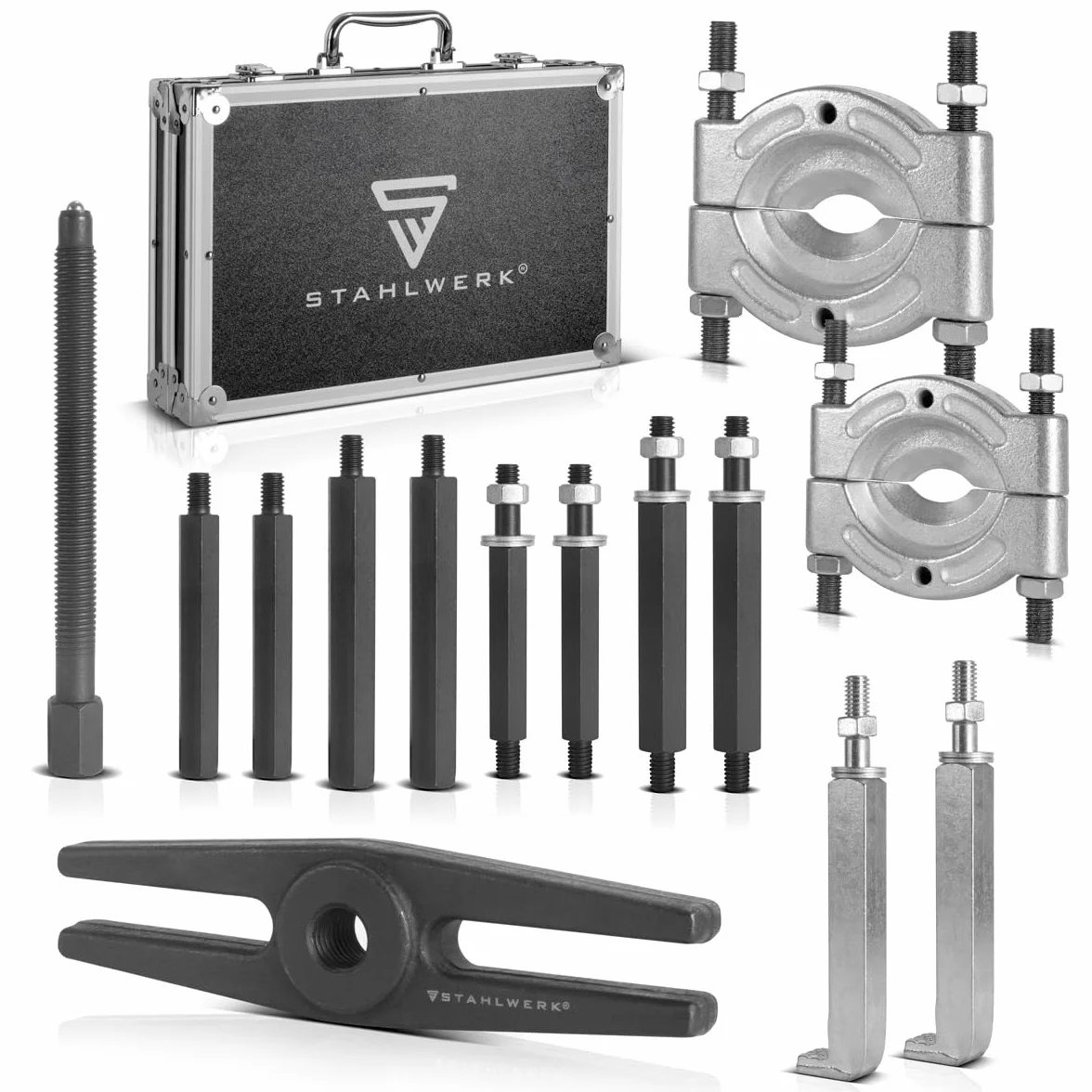STAHLWERK Set di estrattori per Cuscinetti Set di estrattori da 14 Pezzi, Utensile Speciale per Lo smontaggio Professionale di Cuscinetti Interni ed Esterni, Ruote dentate, pulegge, rotori