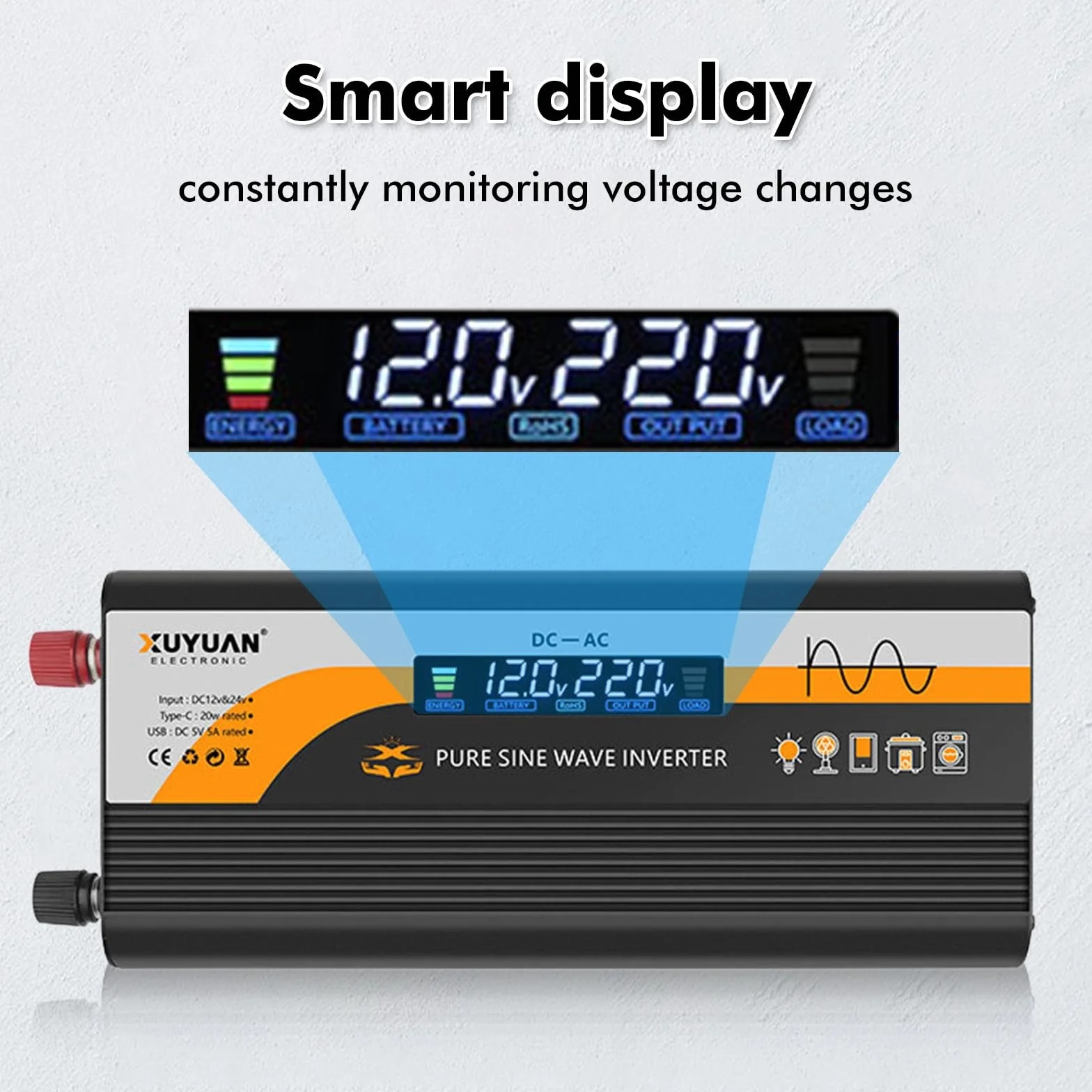 Convertitore di tensione 800W 12V/24V a 220V con presa europea e porta USB LCD