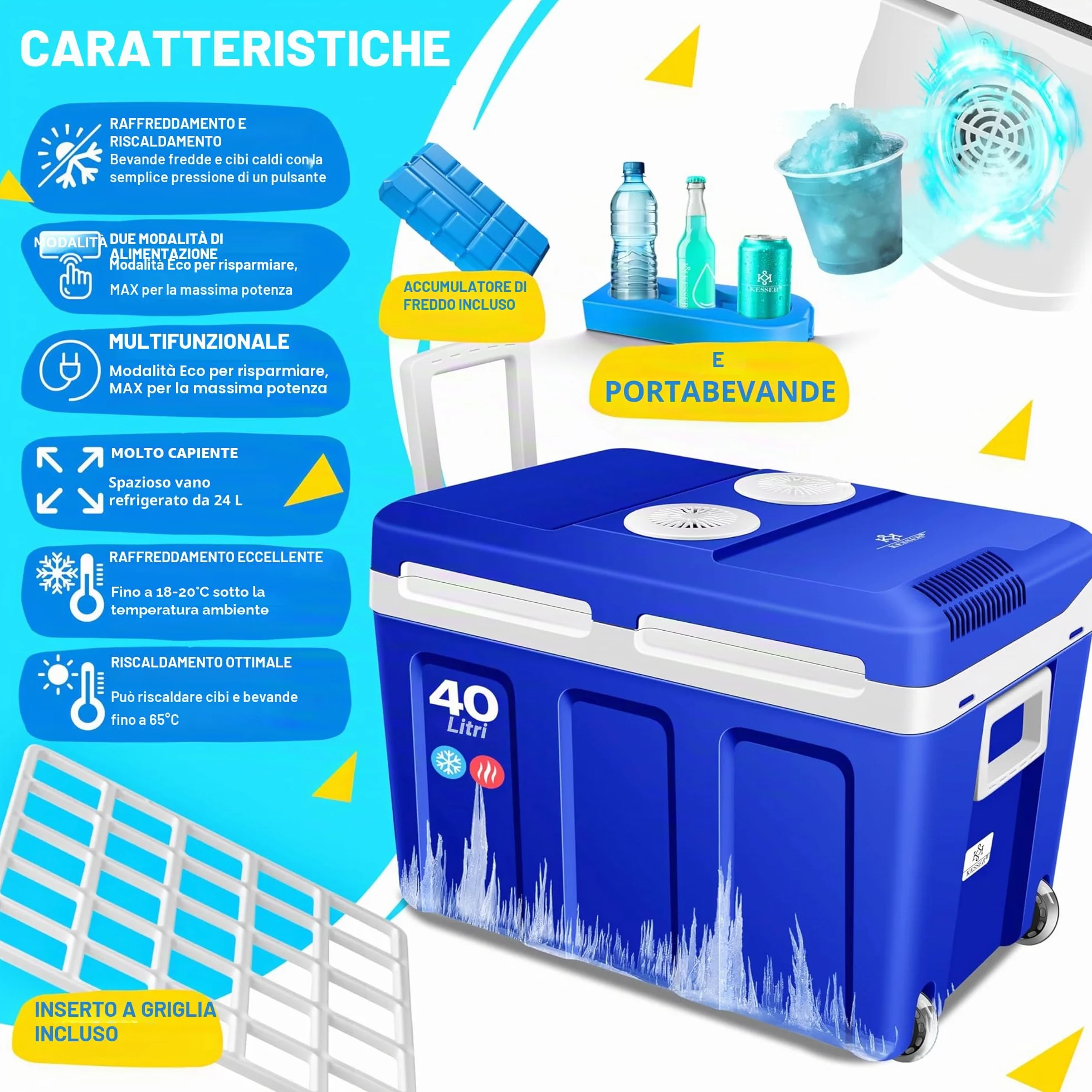 KESSER® Frigo box 40L con ruote | per mantenere il calore e il raffreddamento | frigo box termoelettrico | 12 Volt e 230 Volt| Mini frigo | Box termico per auto| incl. Pacchetti di raffreddamento