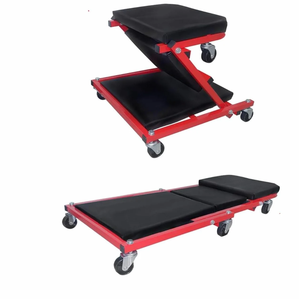 maryse - Lettino Sottoauto e Sgabello a Carrello 2in1 per Officina – Struttura in Acciaio Rinforzato, Ruote Silenziose, Max 150 kg, Comfort Imbottito e Design Pieghevole