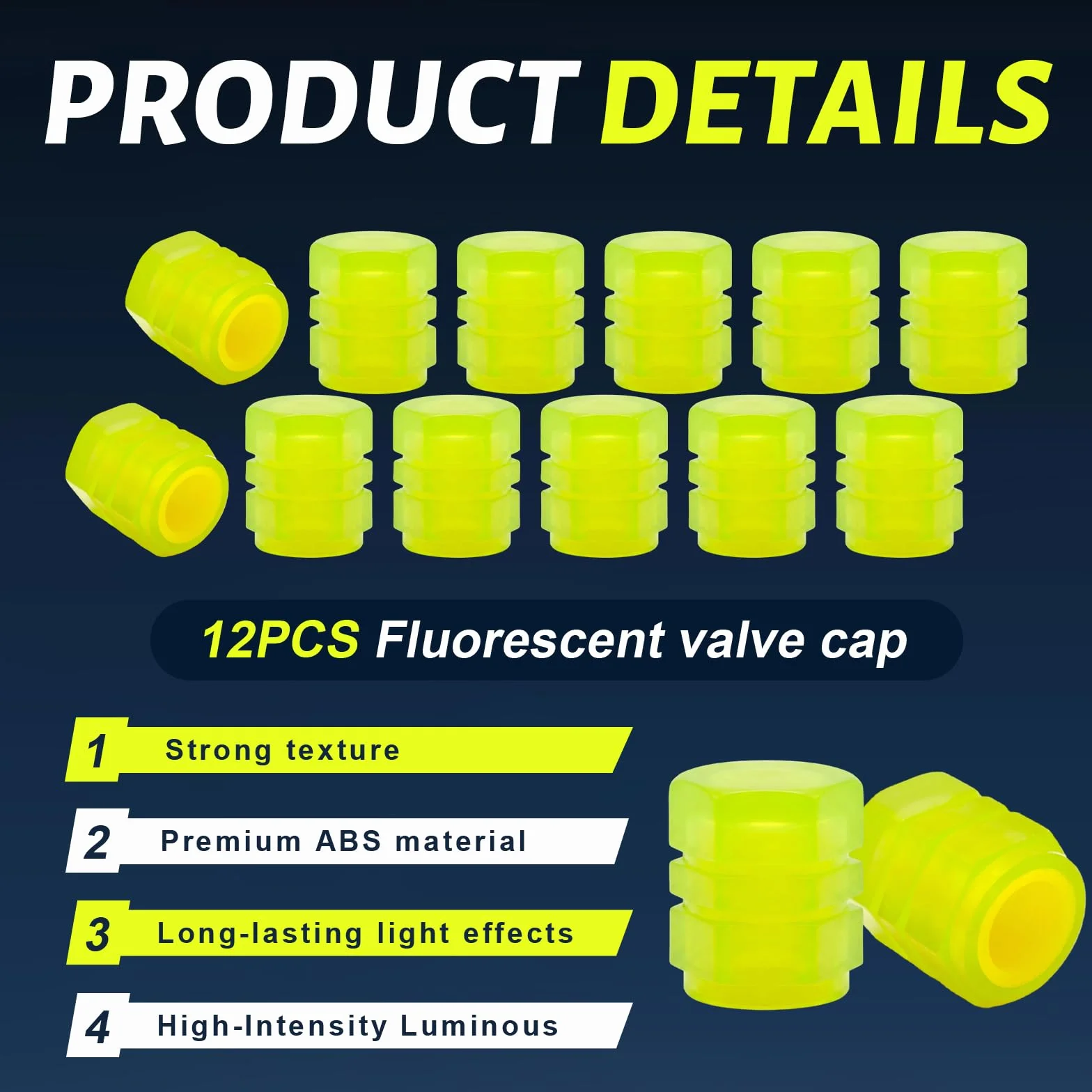 Cappucci Valvole Luminosi Auto, 12 Tappi Ruote Auto Luminosi, Tappi Valvola Fluorescente, Tappi Luminosi per RuoteAuto, TappiLuminosi RuoteAuto, Accessorio Universale perAuto Moto Bici (Giallo)