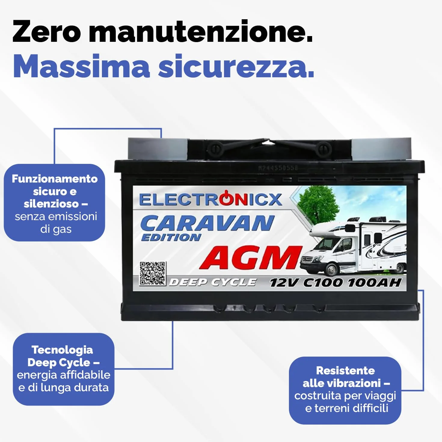 Batteria AGM Caravan 12V 100Ah deep cycle sigillata 278x175x190mm