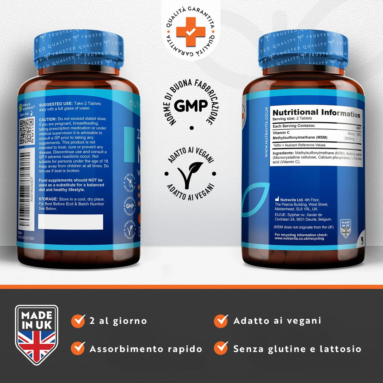 Nutravita MSM 2200mg Vitamina C 365 Compresse Vegane Metilsulfonilmetano 80mg