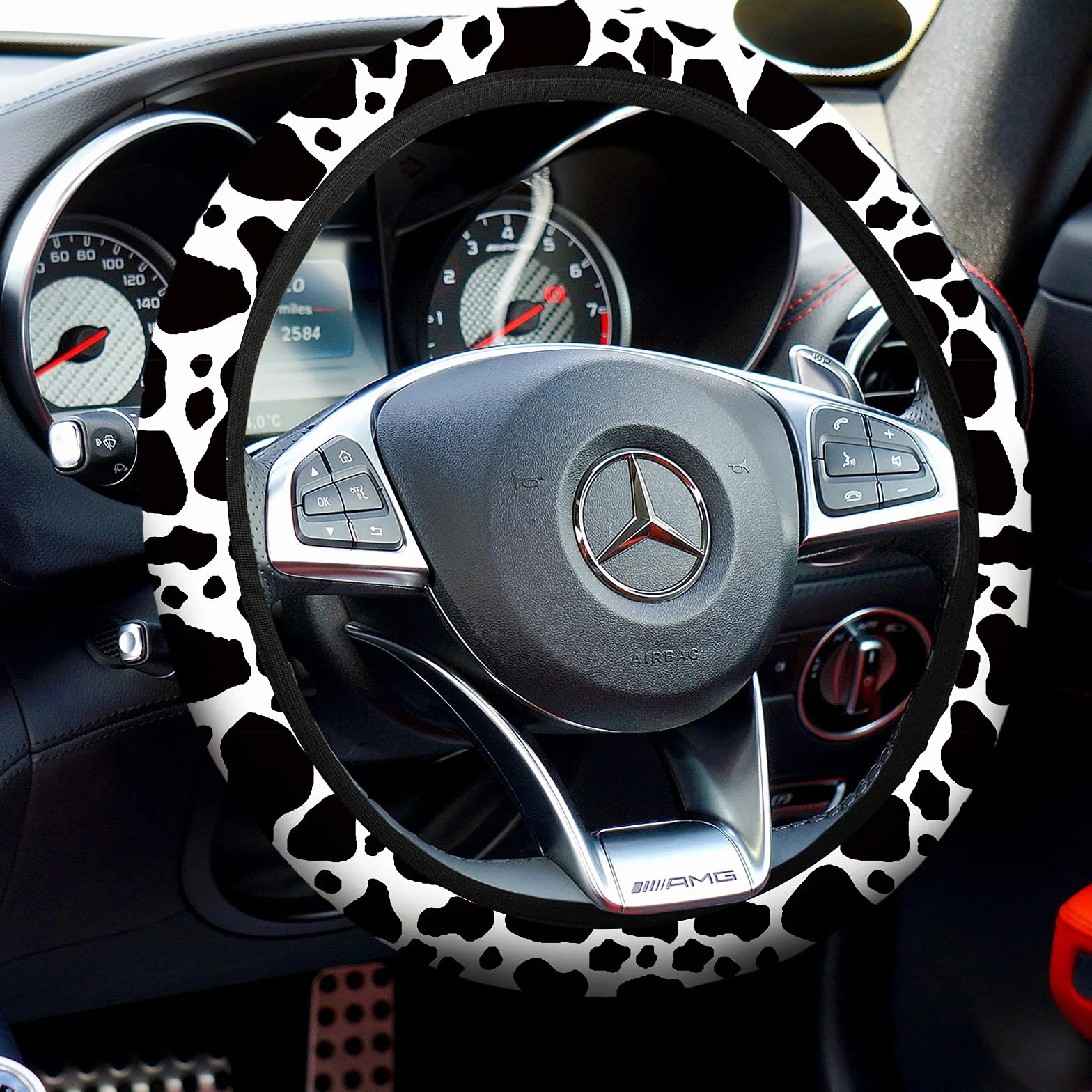 Set completo di coprisedili per auto con stampa di mucca, set completo di accessori per auto con stampa di mucca, volante in gomma, cuscinetto per bracciolo, cuscinetti per cintura di sicurezza