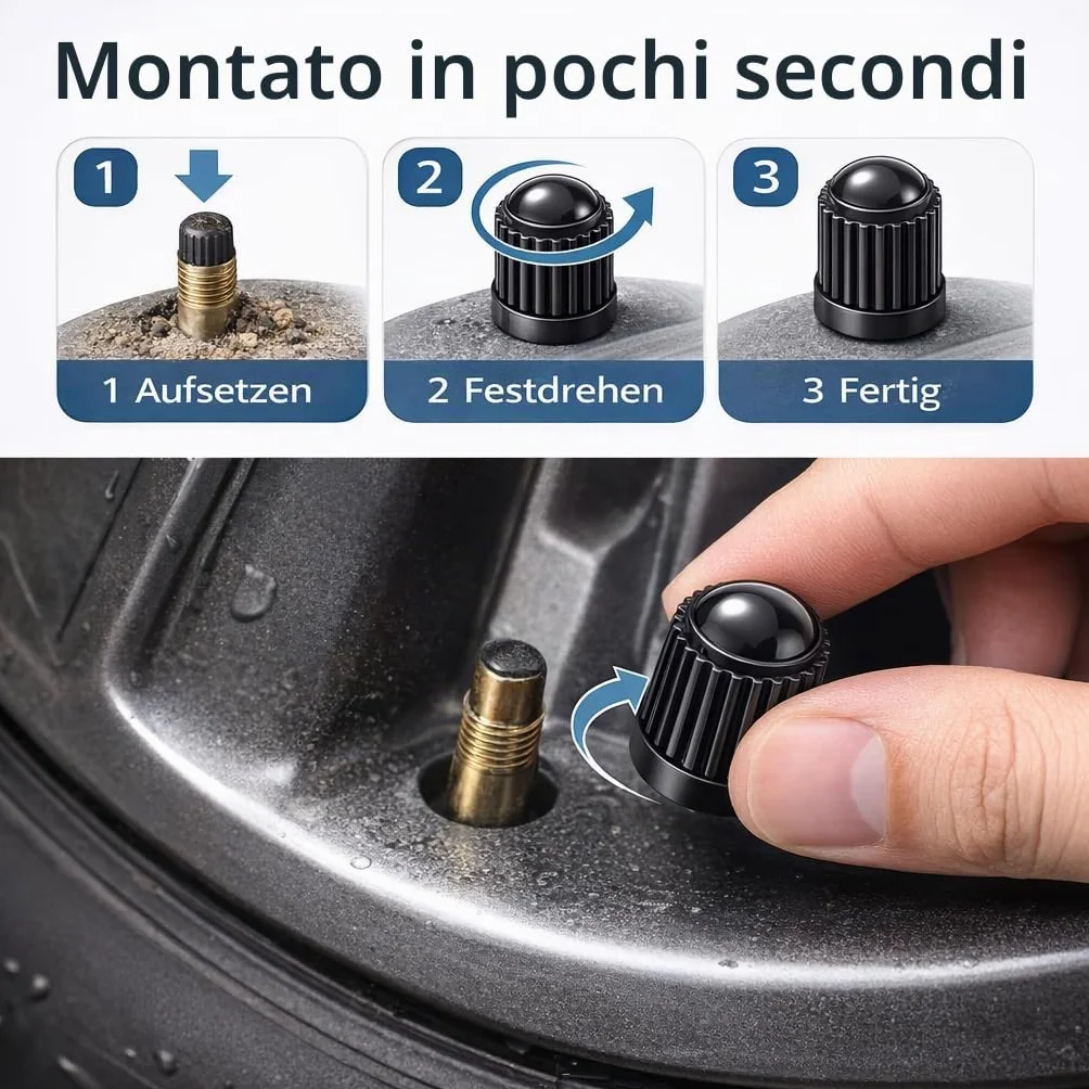 Cappucci Valvola Nero – Tappi Universali per Pneumatici Auto Moto Bicicletta – Accessorio Ruote Gomme
