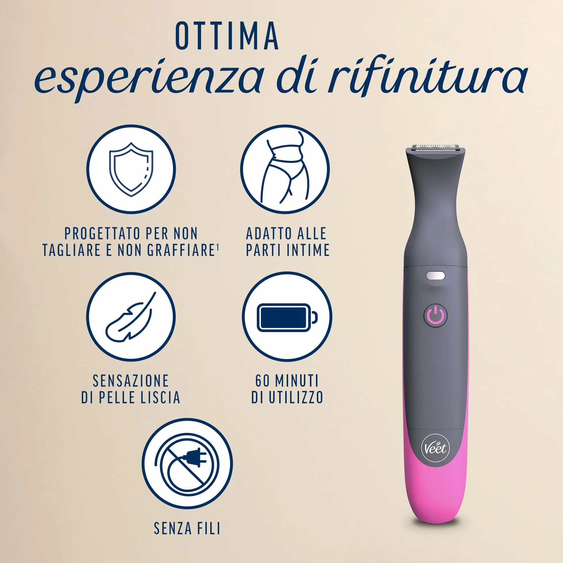 Veet Expert All-In-One Trimmer Rasoio Elettrico Donna Viso Parti Intime 100% Waterproof 2 Testine 3 Pettini Cordless Pochette Regalo