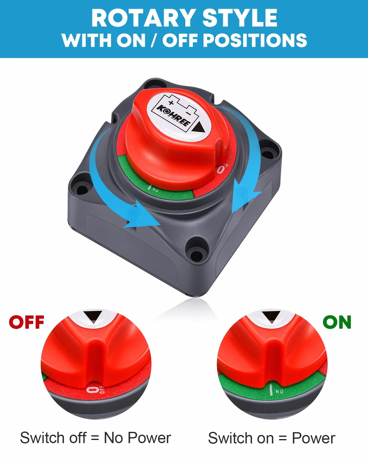 Kohree Interruttore Stacca Batteria 12V-48V 275A Interruttore di disconnessione Impermeabile per Auto Camper ATV UTV Marina Barca con 4 Bulloni di Montaggio (1-ON-OFF)
