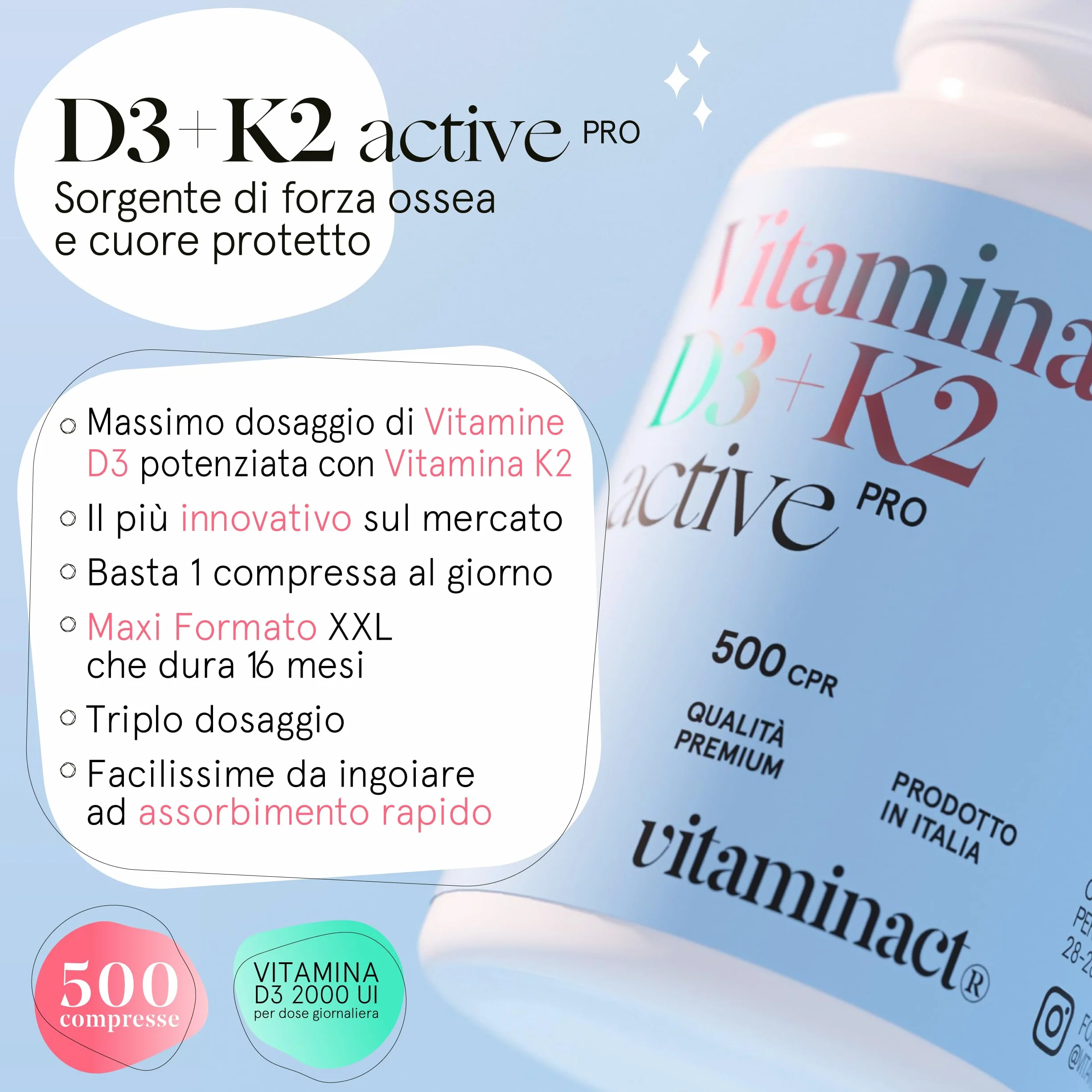 Vitamina D3 K2 500 Microcompresse – 2000 UI a Compressa, K2 MK7, Senza Biossido di Silice