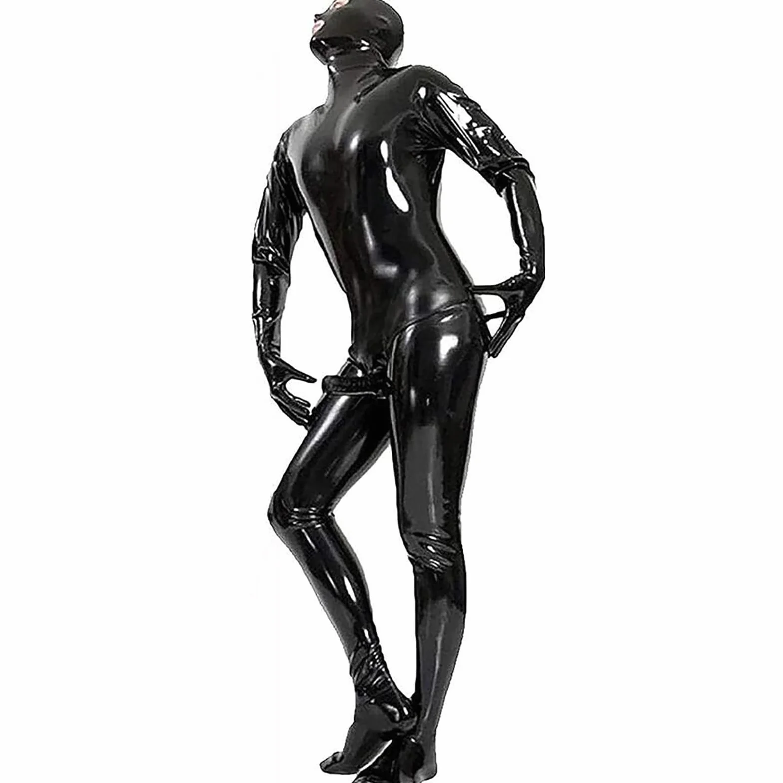 Catsuit Sexy Wetlook Uomo Cosplay Prigioniero Tuta Pelle Verniciata Black-XXL