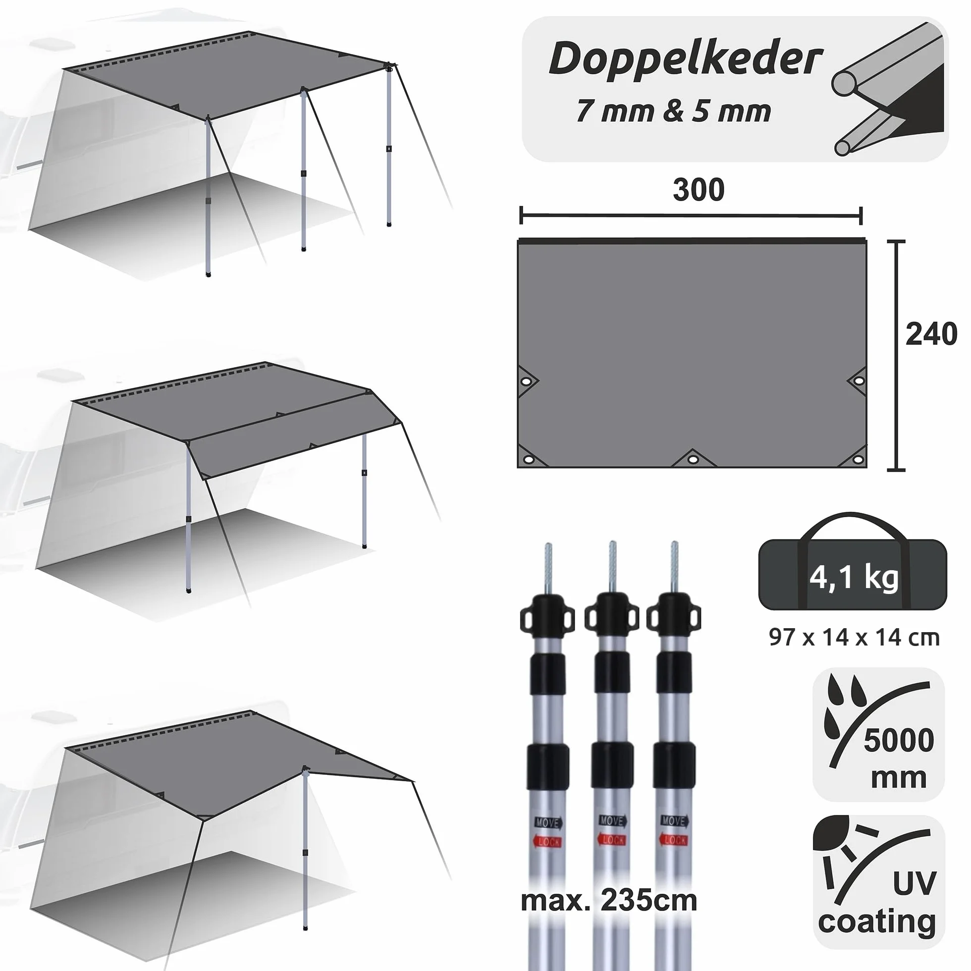 Caravan Tarp TC Tenda parasole in cotone impermeabile UV 50+ aste telescopiche in alluminio 300x240 cm beige