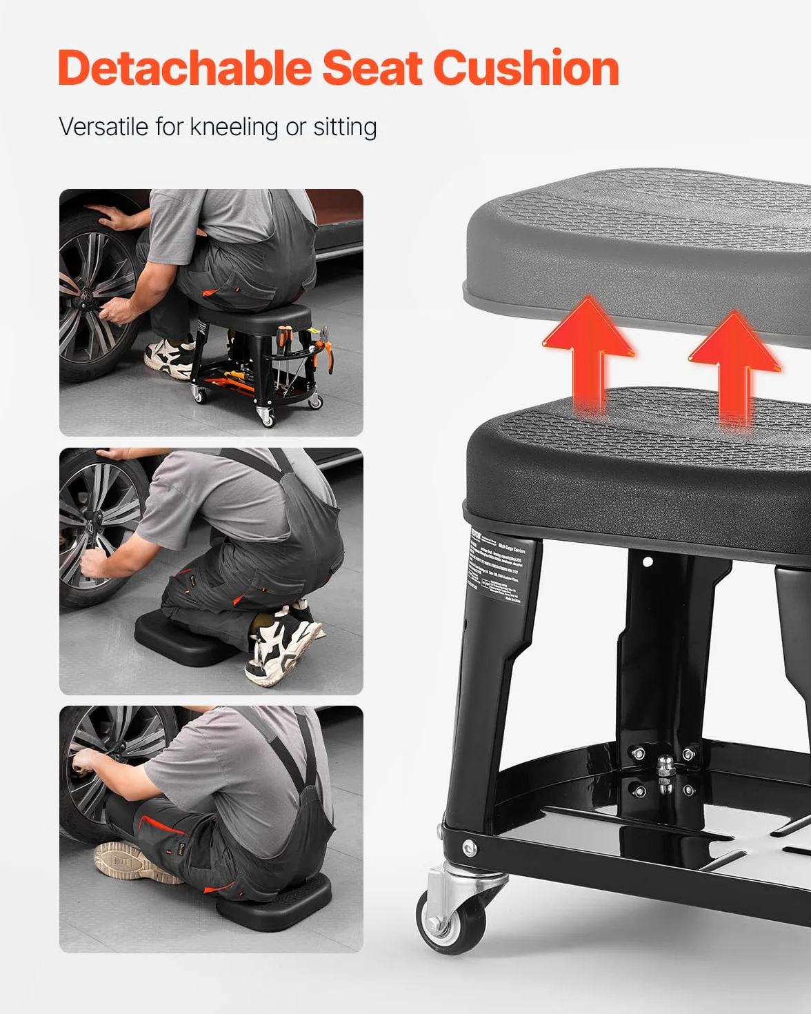 VEVOR Sgabello da Meccanico, Capacità di 136 kg Sgabello da Garage Girevole a 360° con Ruote, Vassoio Portautensili e Portacacciavite, Resistente, per Garage, Officina e Riparazione Auto, Nero