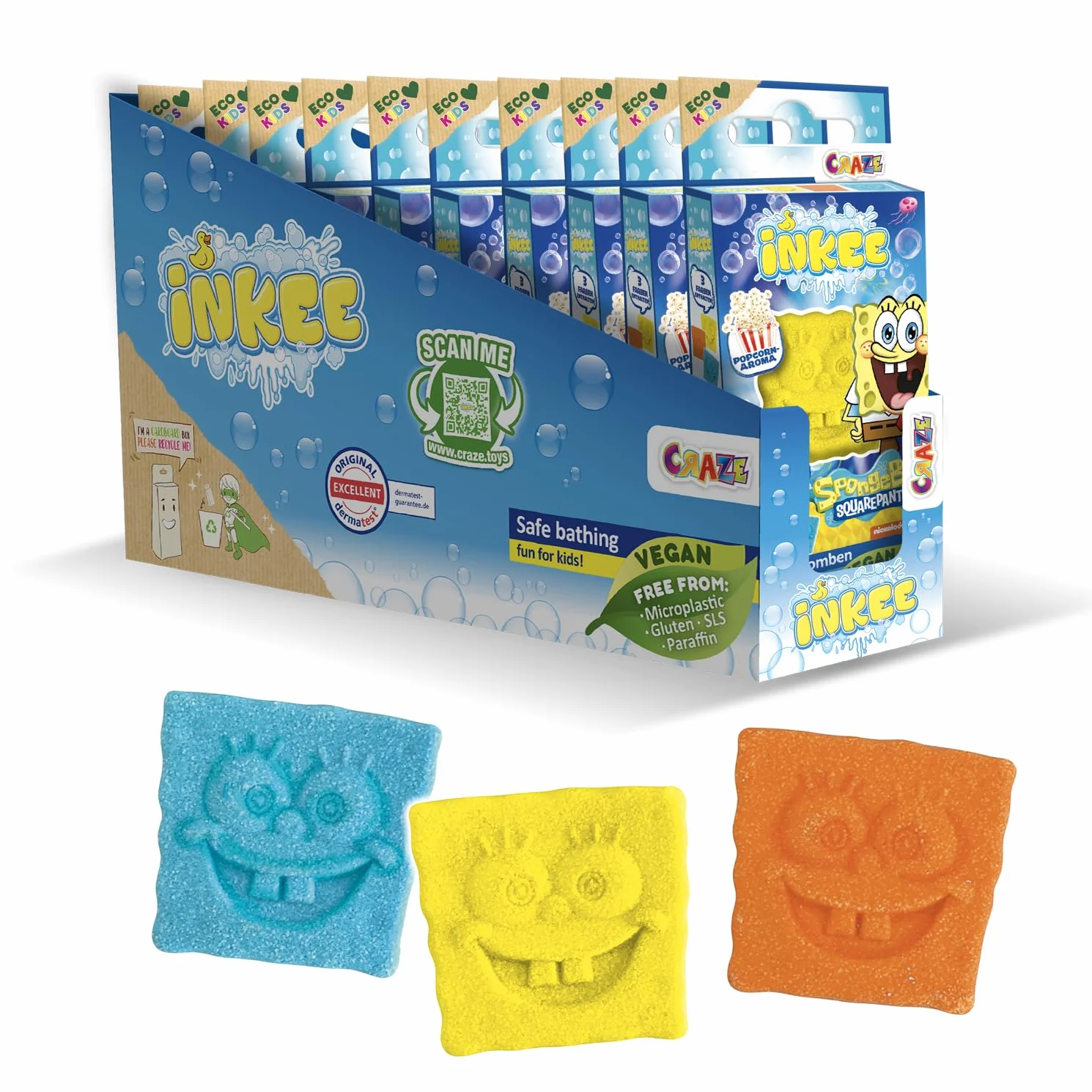 SpongeBob INKEE Mini Pack 10 set 3 bombe da bagno per bambini con forma personaggio aroma popcorn