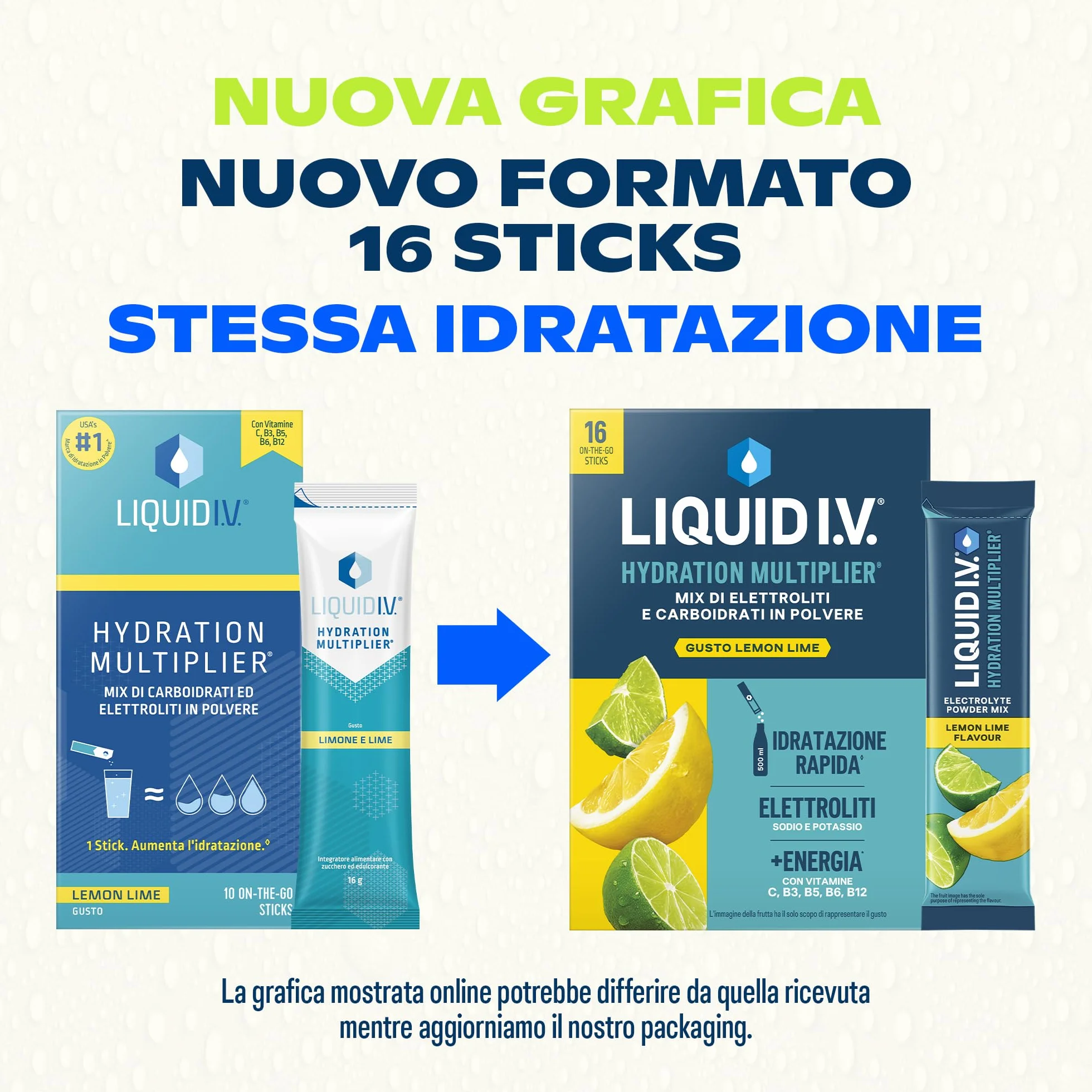 Liquid I.V. 16 stick Integratore Elettroliti Idratazione Rapida Sodio Potassio Vitamine B3 B5 B6 B12 C Lemon Lime Vegano Senza Glutine