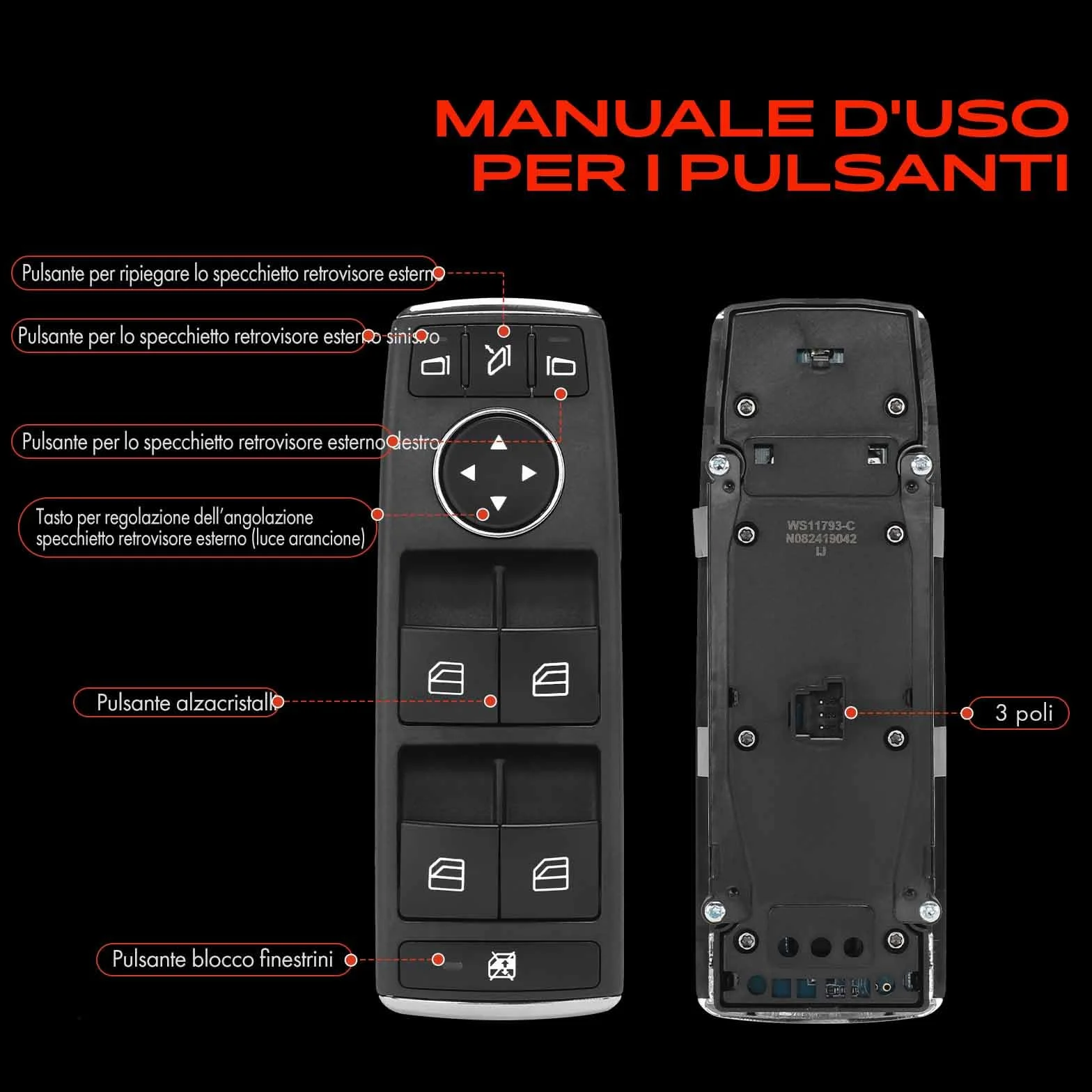 Frankberg Interruttore a pulsante per auto Anteriore sinistro Compatibile con Classe A W176 A45 AM.G A160-A250 B-Class W242 B160-B250 CLA Coupé C117 AM.G CLA 45-250 Replace# 1669054400649100