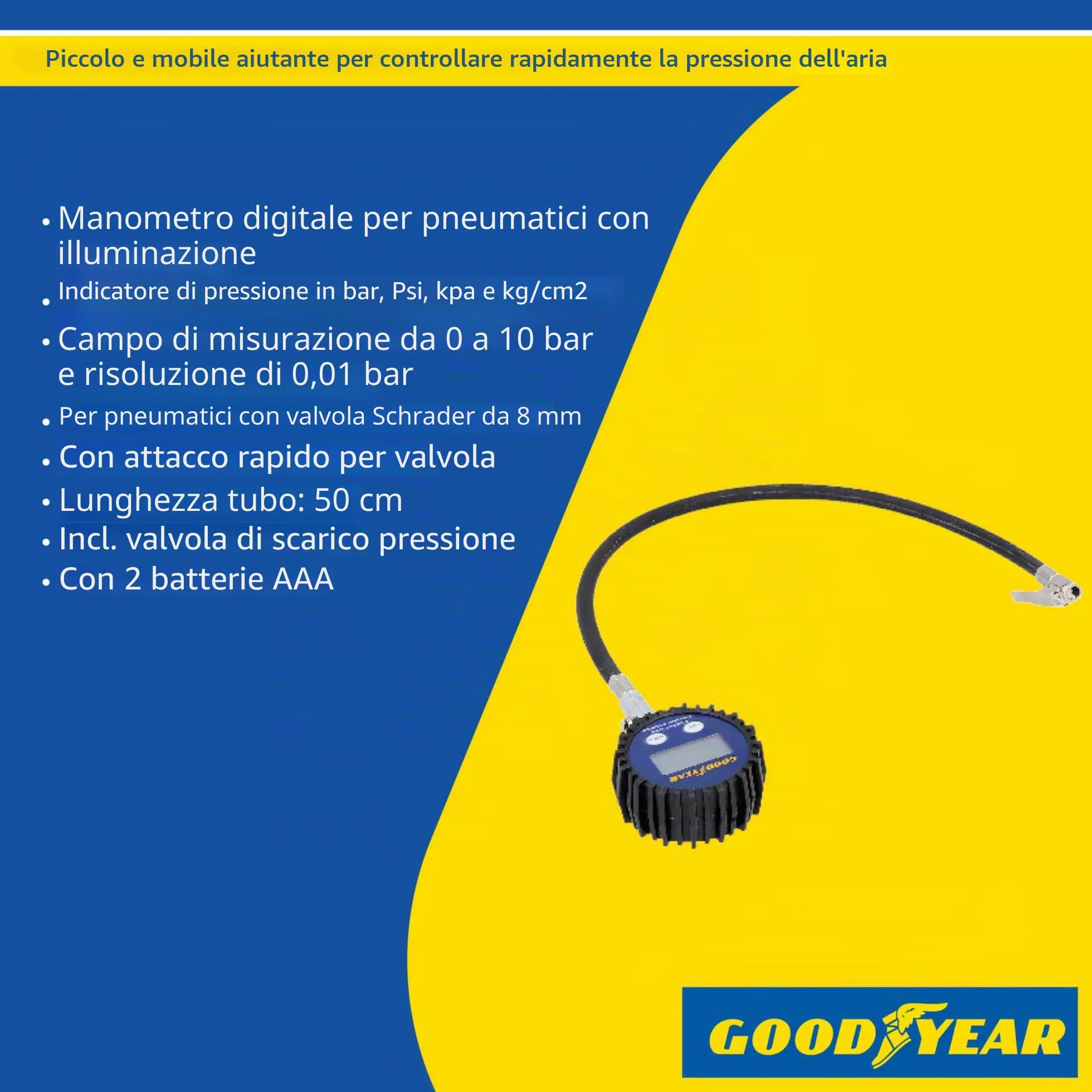 Goodyear Tester di Pressione Pneumatici Digitale 0-10 Bar 50 cm Nero