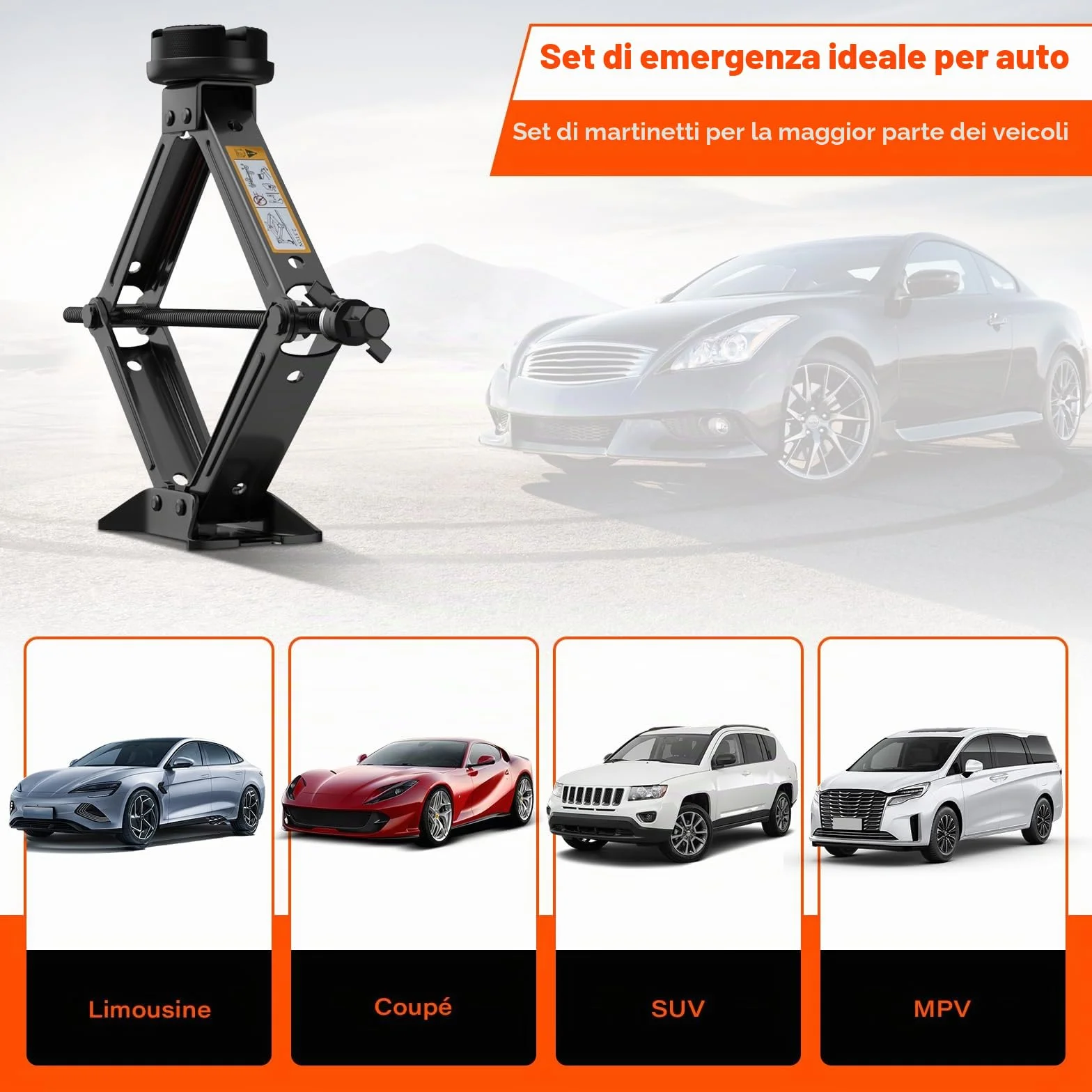 Cric Per Auto 2.5T 2500kg Universale Tampone In Gomma Portatile Con Chiave Per Dadi Ruota Kit Emergenza