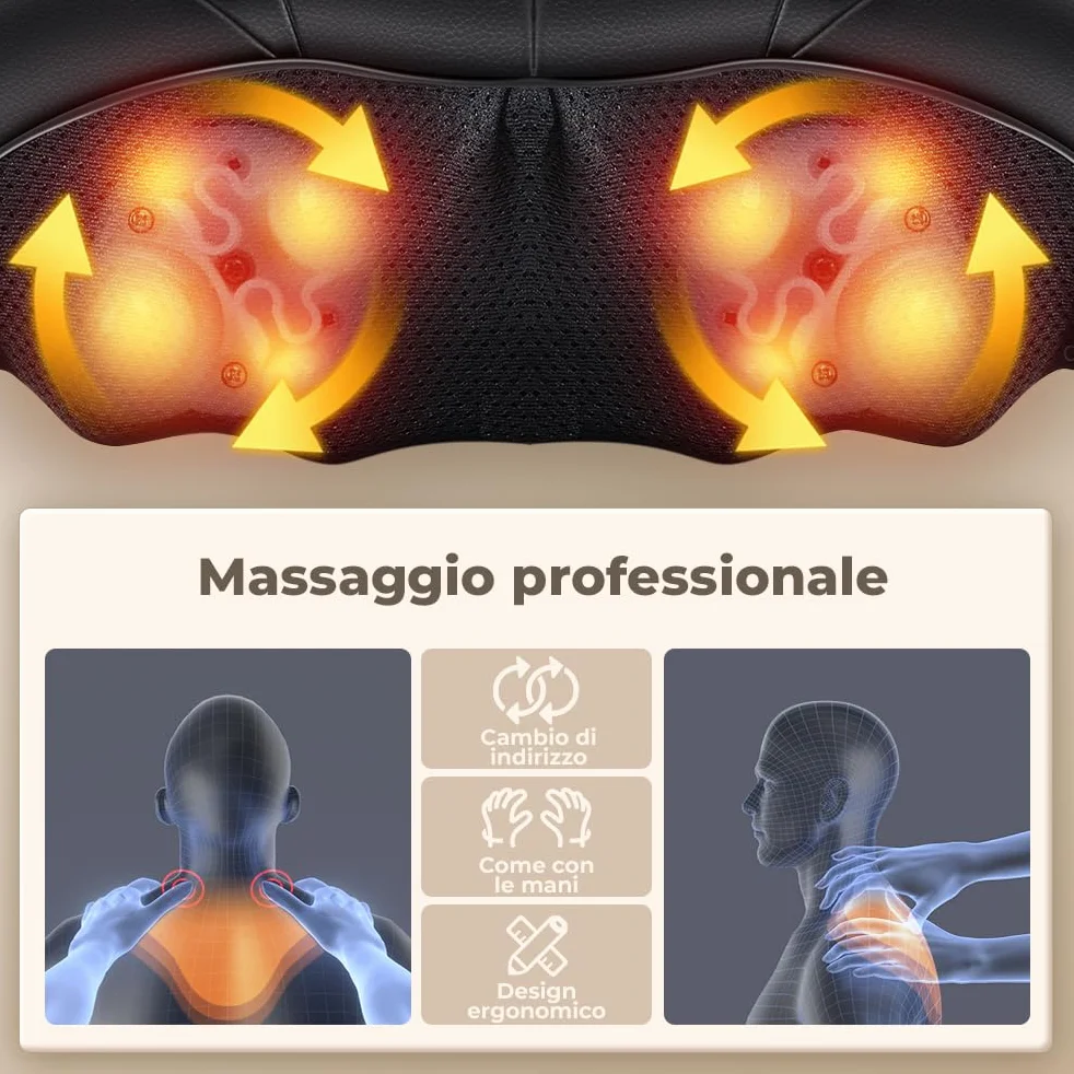 Massaggiatore Shiatsu 4D Collo Schiena Piedi 3 Velocità Riscaldamento Cambio Direzione Nero PU-Leder