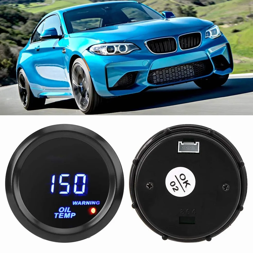 Indicatore di temperatura olio, 52mm Termometro olio con sensore 40~150 ℃ Indicatore di temperatura LED blu Display digitale Indicatore di pressione olio digitale per auto