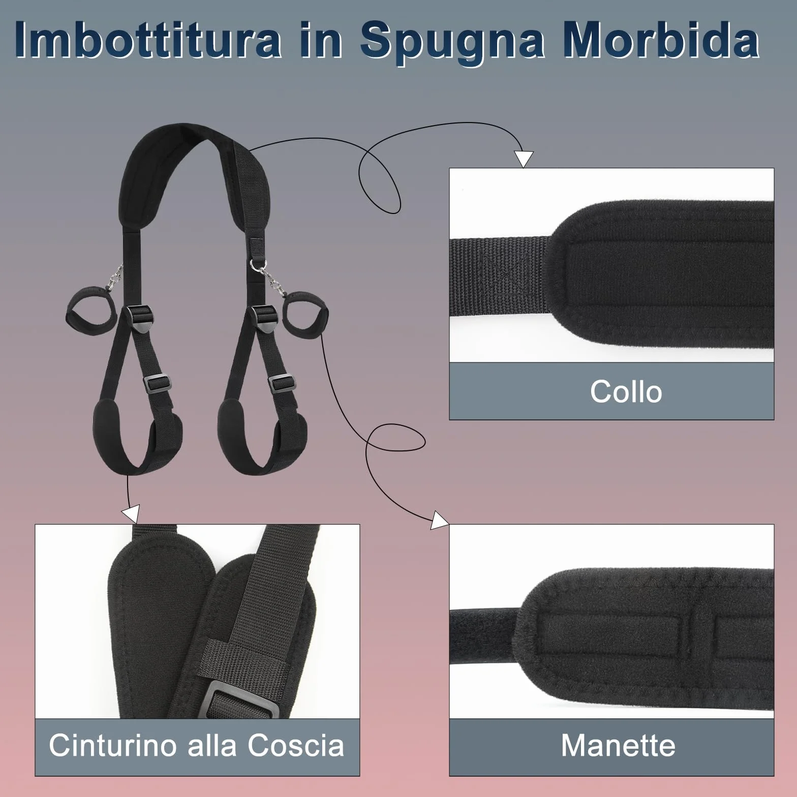BDSM Bondage Kit Giochi Erotici per Coppie con Cinghie Staccabili, Benda, Manette Nere