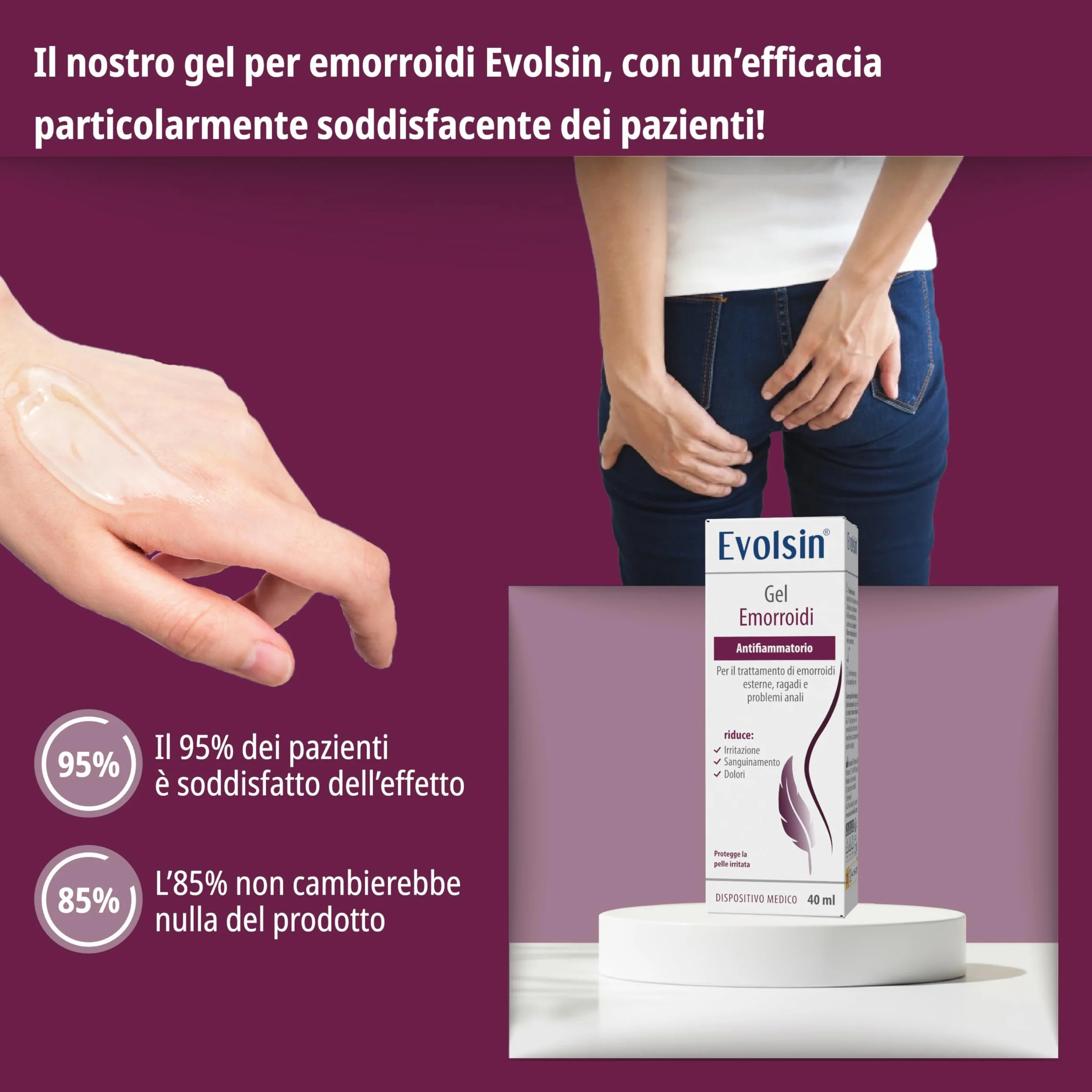 Evolsin Gel per emorroidi 40ml riduce dolore sanguinamento prurito