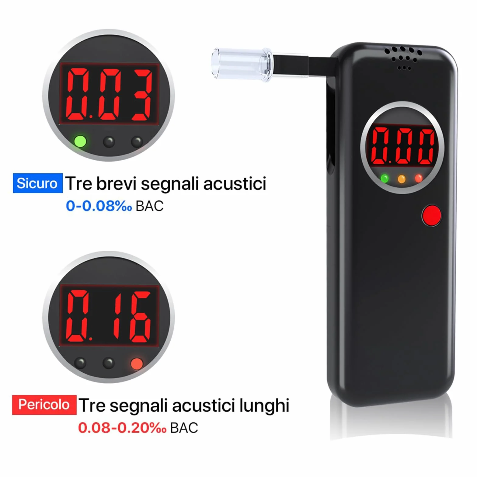 Etilometro Portatile, Alcol Test con Display LCD a Colori Digitali, Etilometro Certificato per Uso Domestico e Professionale, Codice Della Strada, Tester di Alcol con Bocchetti di 10 Pezzi (Nero)